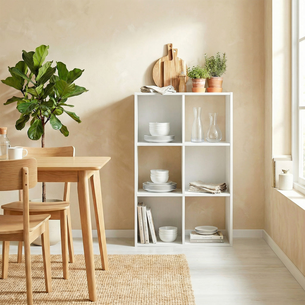 Industrial Style Storage Shelf, Bookcase, Bookshelf with 6 Compartments, for Living Room, Home Study, White Wood Effect