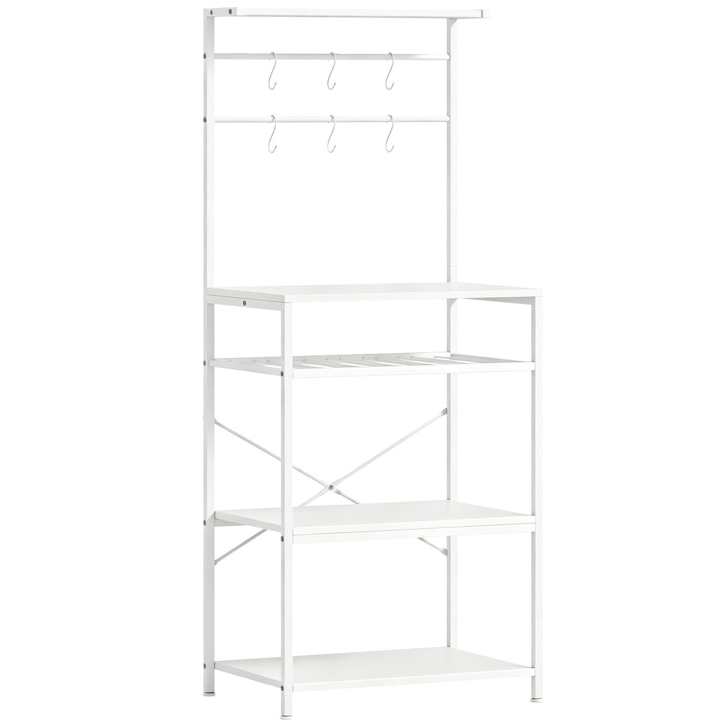 Freestanding Shelving Unit, Industrial Storage Shelf with 6 Hooks and Wine Rack for Living Room, Home Office, White