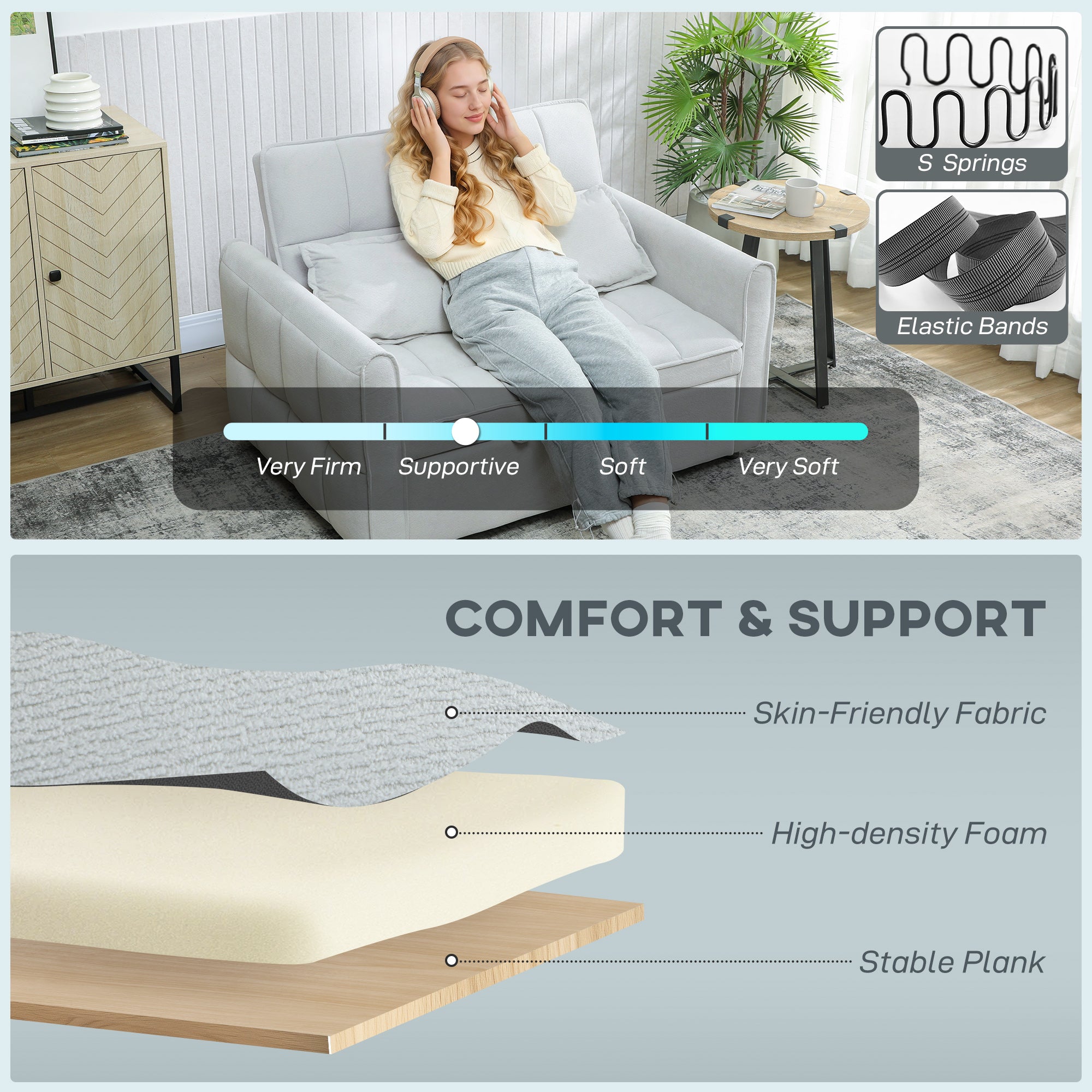 2 Seater Sofa Bed, 3-in-1 Convertible Sleeper Sofa with Click-clack Adjustable Backrest and 2 Pillows, Light Grey