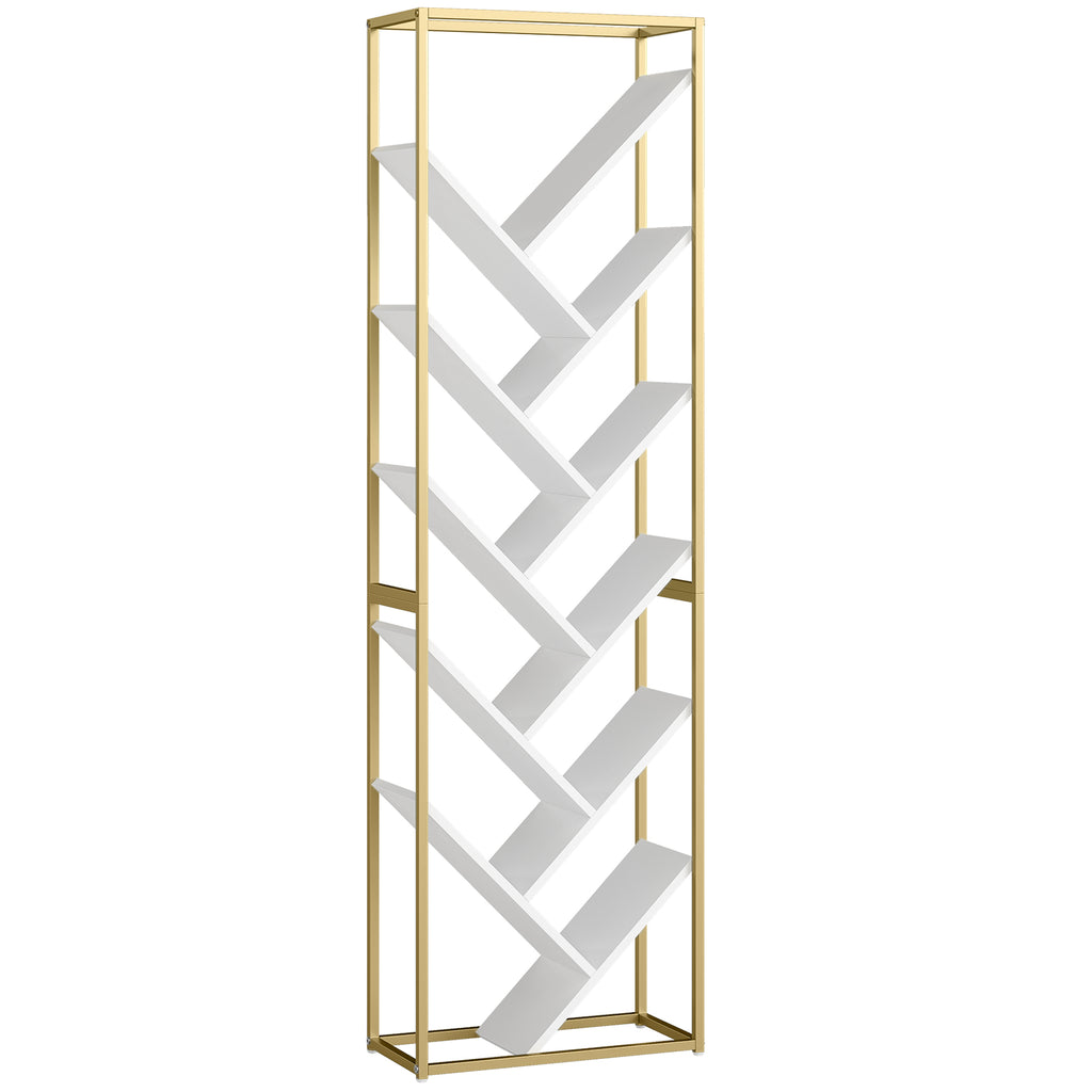 10 Shelf Modern-Style Bookshelf - Gold Tone/White