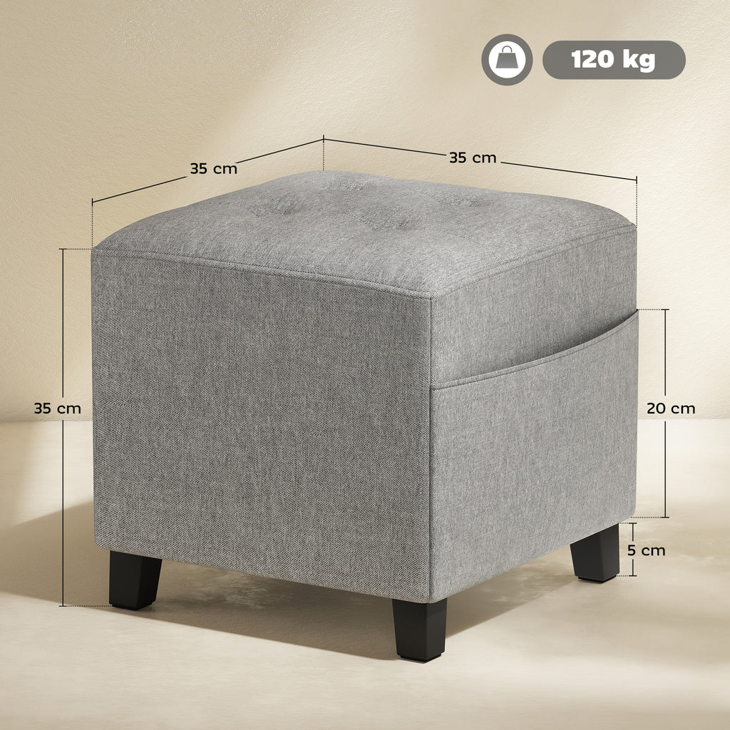 Square Footstool, Small Ottoman with Side Pocket, Linen Fabric Footrest Foot Stool with Rubber Wood Legs and Padded Seat for Living Room, Bedroom, Entryway, 35 x 35 x 35cm, Light Grey