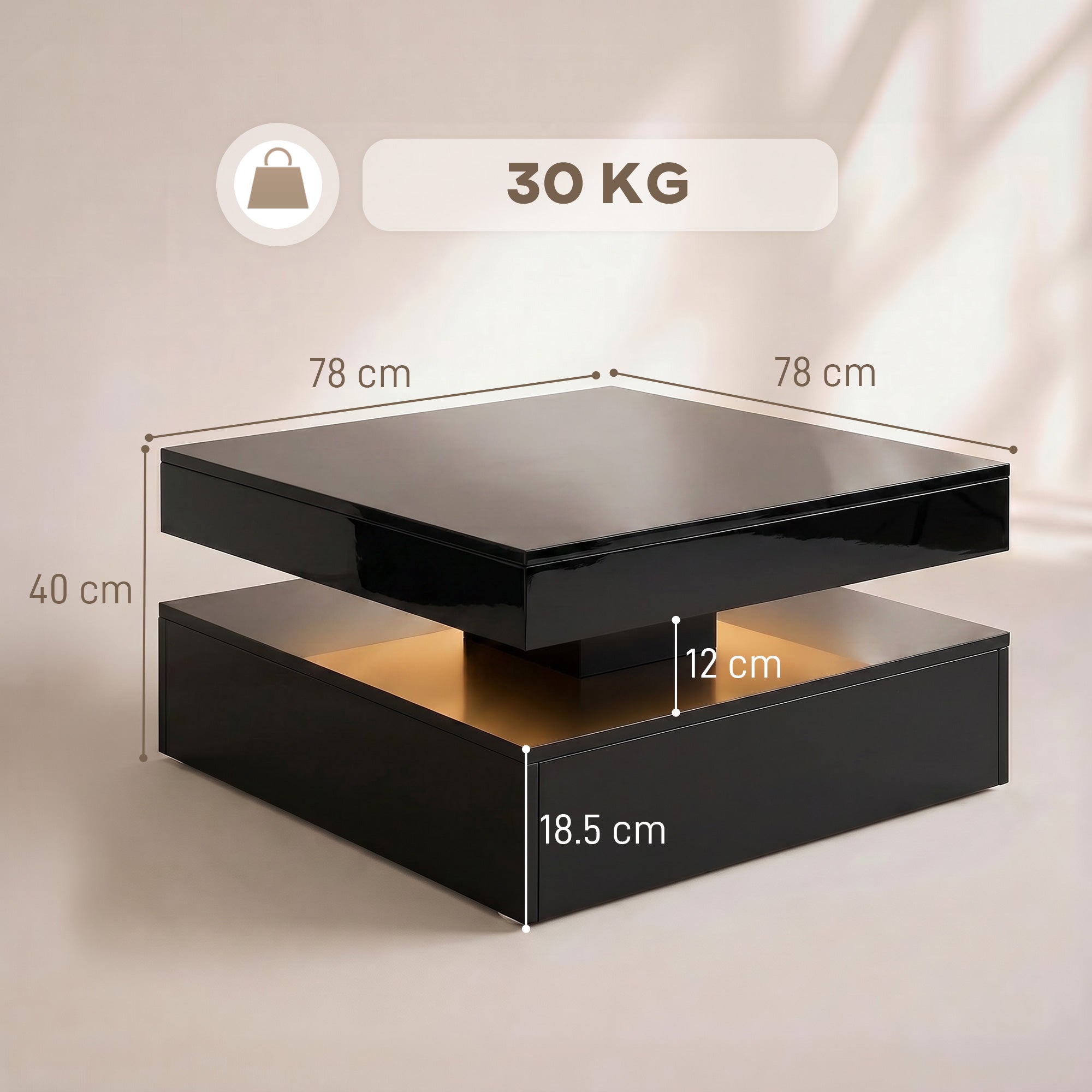 LED Coffee Table with Storage, 2-Tier Modern Centre Table with Open Shelf and Remote for Living Room, High Gloss Black