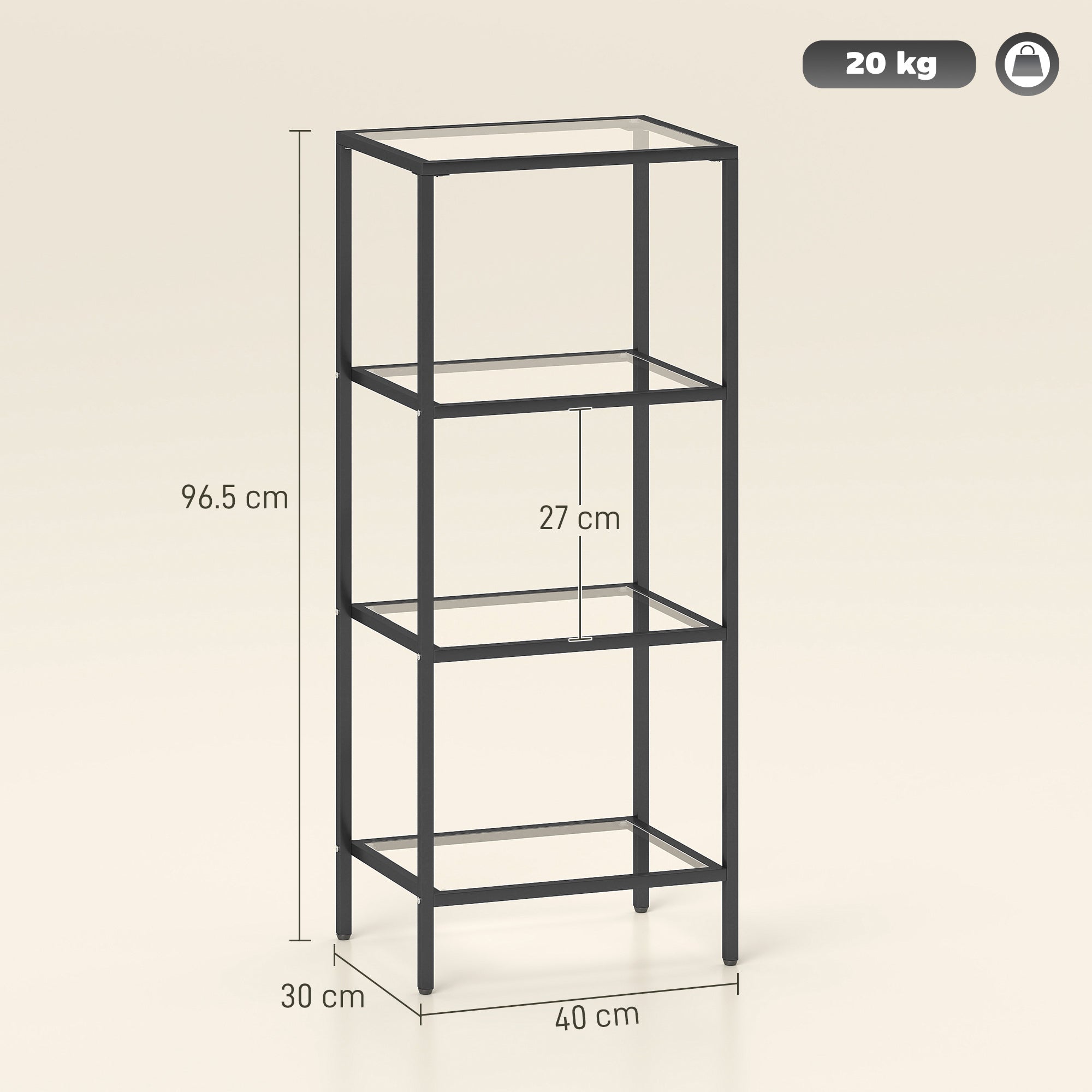 4-Tier Shelving Unit, Glass Shelf, Vertical Storage Shelf for Living Room, Home Office, Bedroom, Bathroom, Black