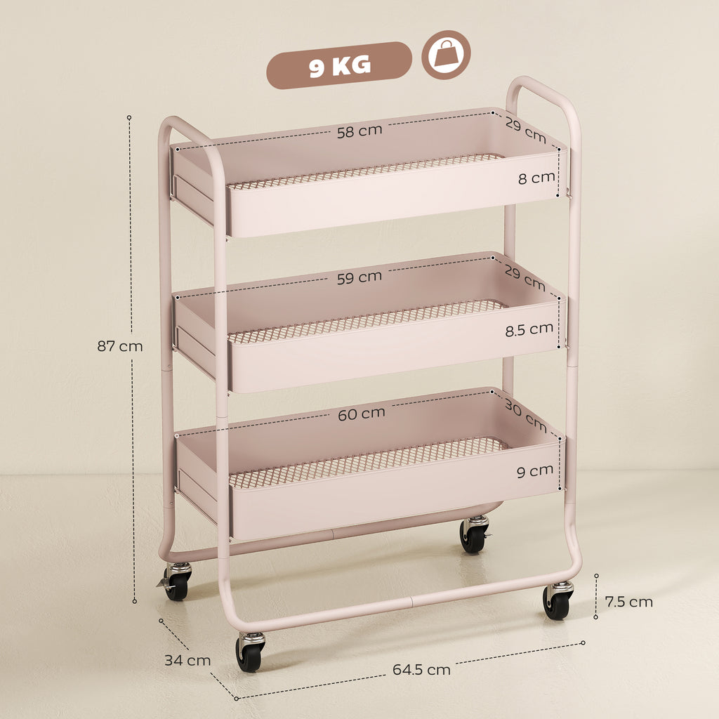 HOMCOM 3-Tier Storage Trolley on Wheels with Mesh Baskets - Light Pink