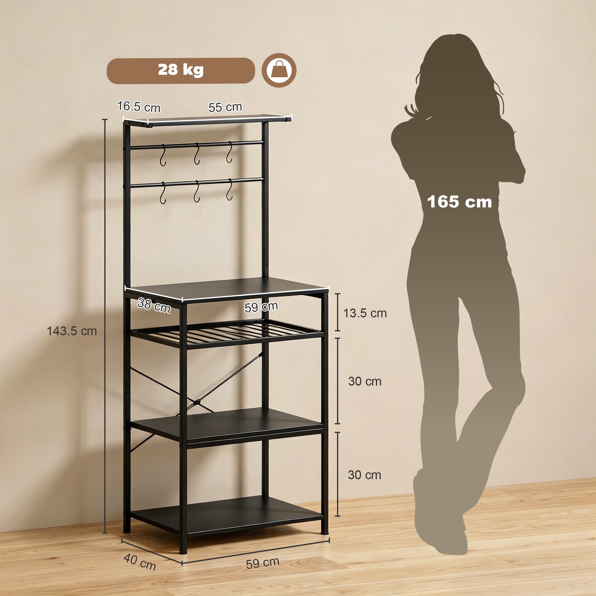 Freestanding Shelving Unit, Industrial Storage Shelf with 6 Hooks and Wine Rack for Living Room, Home Office, Black