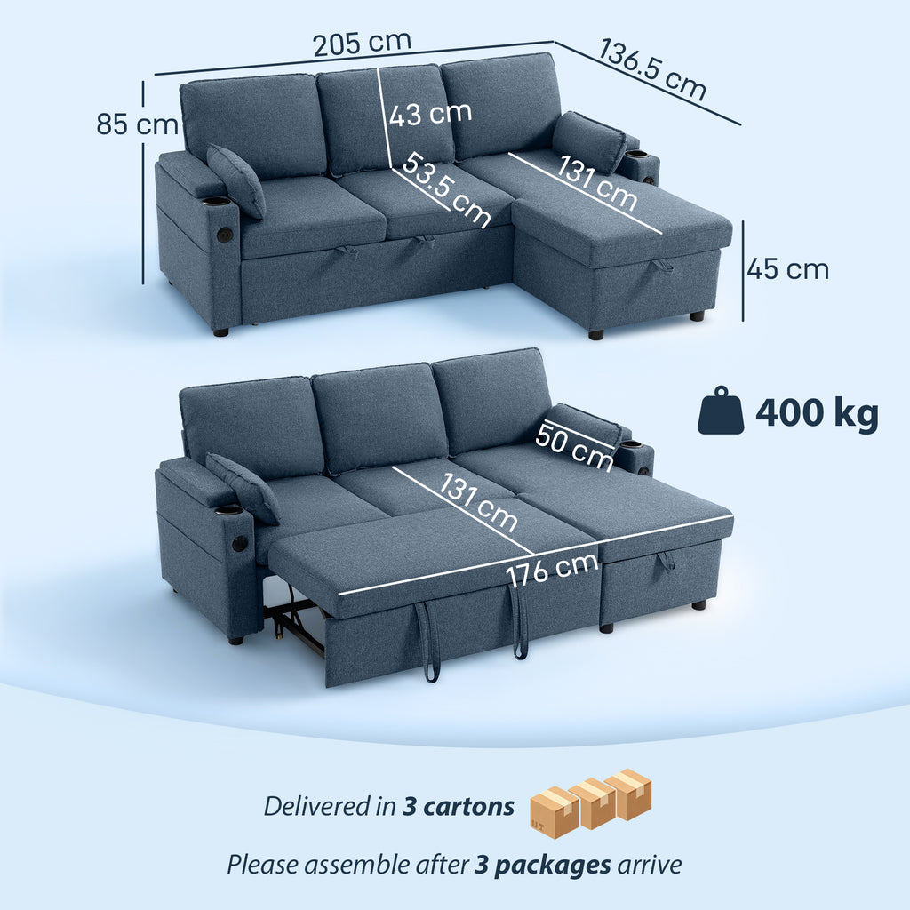 Corner Sofa Bed, L Shaped Sleeper Sectional Sofa with Reversible Storage Chaise, Blue