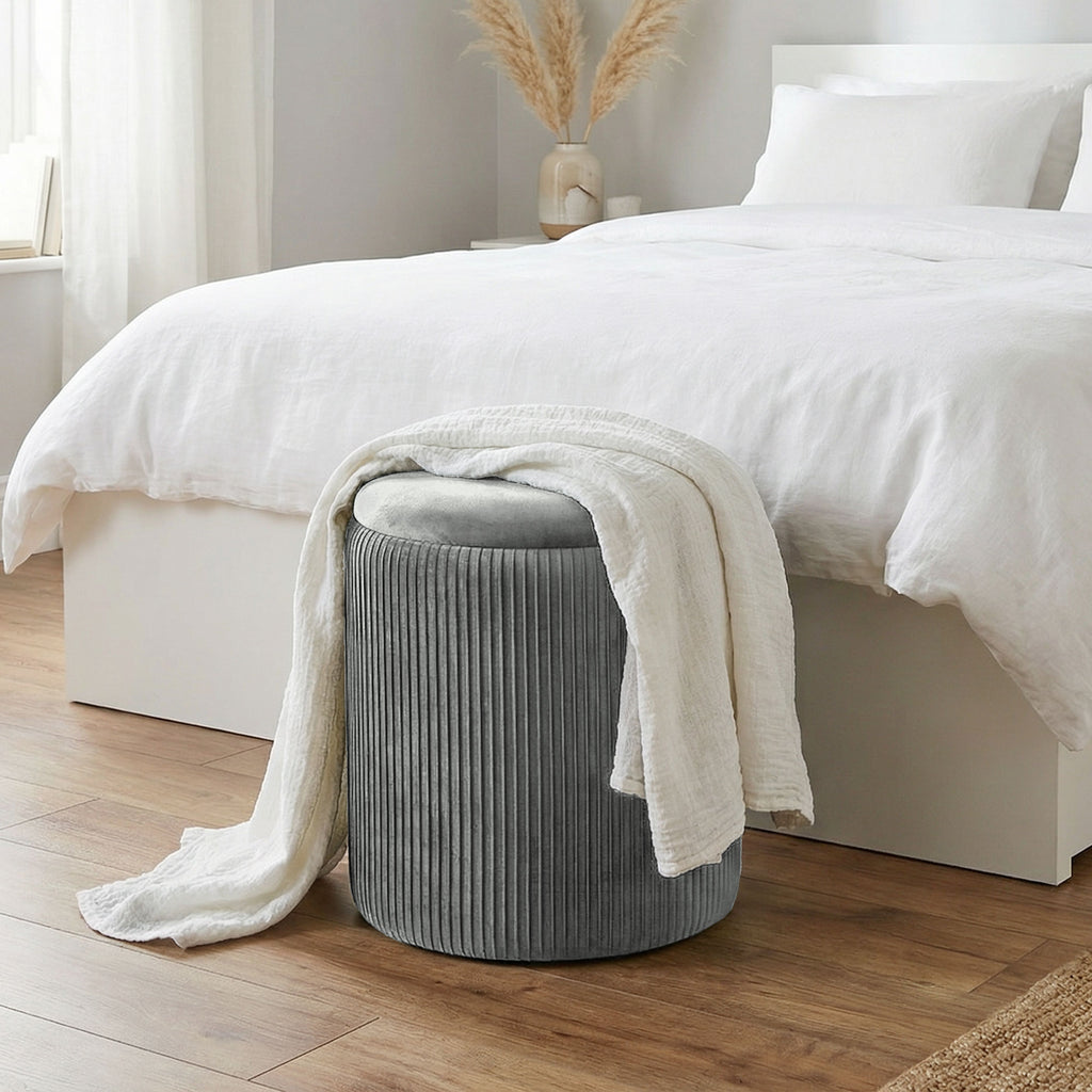 Storage Ottoman Modern Velvet Round Foot Stool for Living Room Bedroom 45 cm Grey