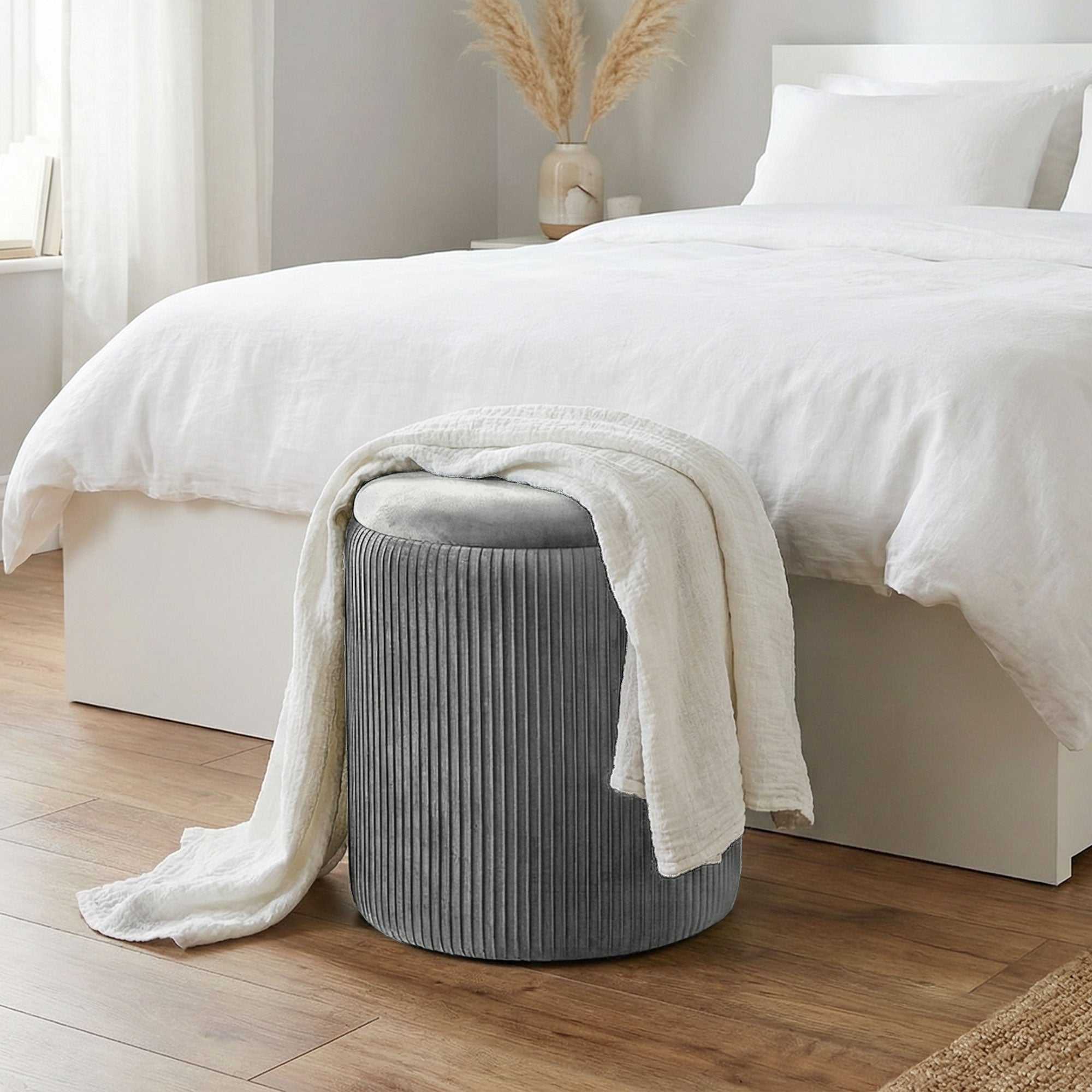 Storage Ottoman Modern Velvet Round Foot Stool for Living Room Bedroom 45 cm Grey