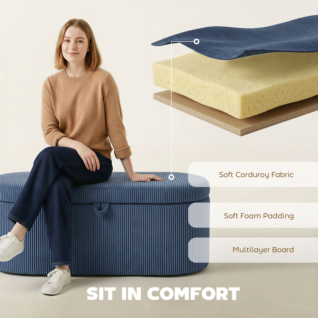 Storage Ottoman, Corduroy Upholstered Ottoman Storage Box with Padded Seat, 105 x 51 x 49 cm, Blue