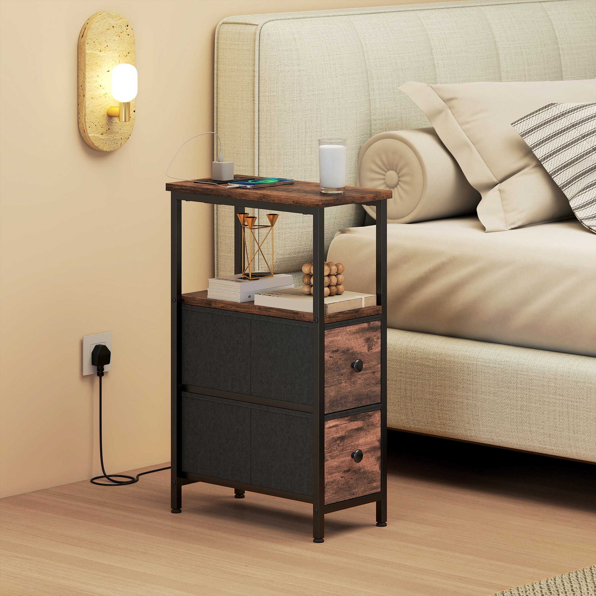 Side Table, Narrow Bedside Table with Charging Station, 2 Drawers, AC Outlet and 2 USB Ports for Living Room, Bedroom