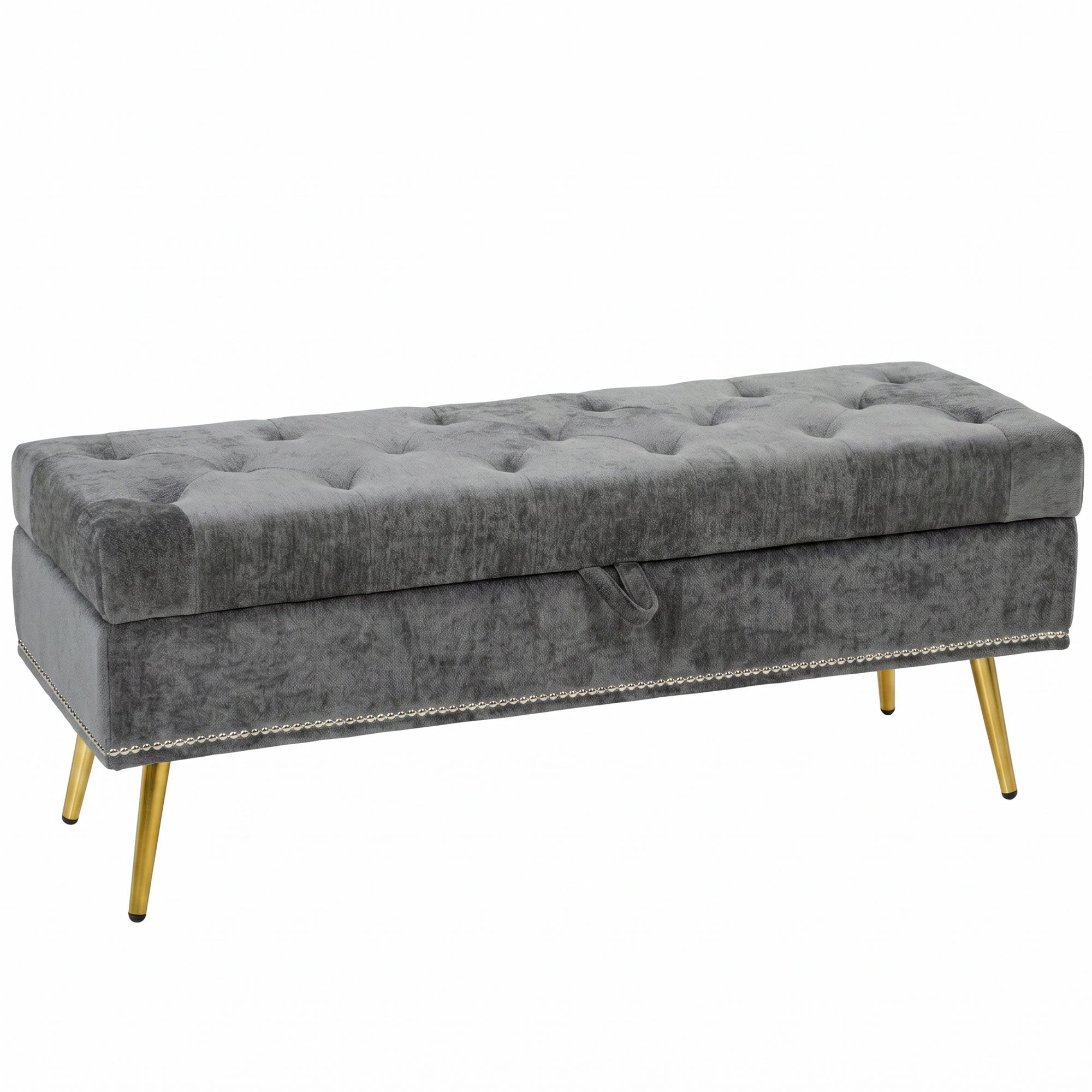 Storage Ottoman, Chenille Upholstered Ottoman Storage Box with Padded Seat, Metal Legs, 114 x 41 x 45 cm, Grey