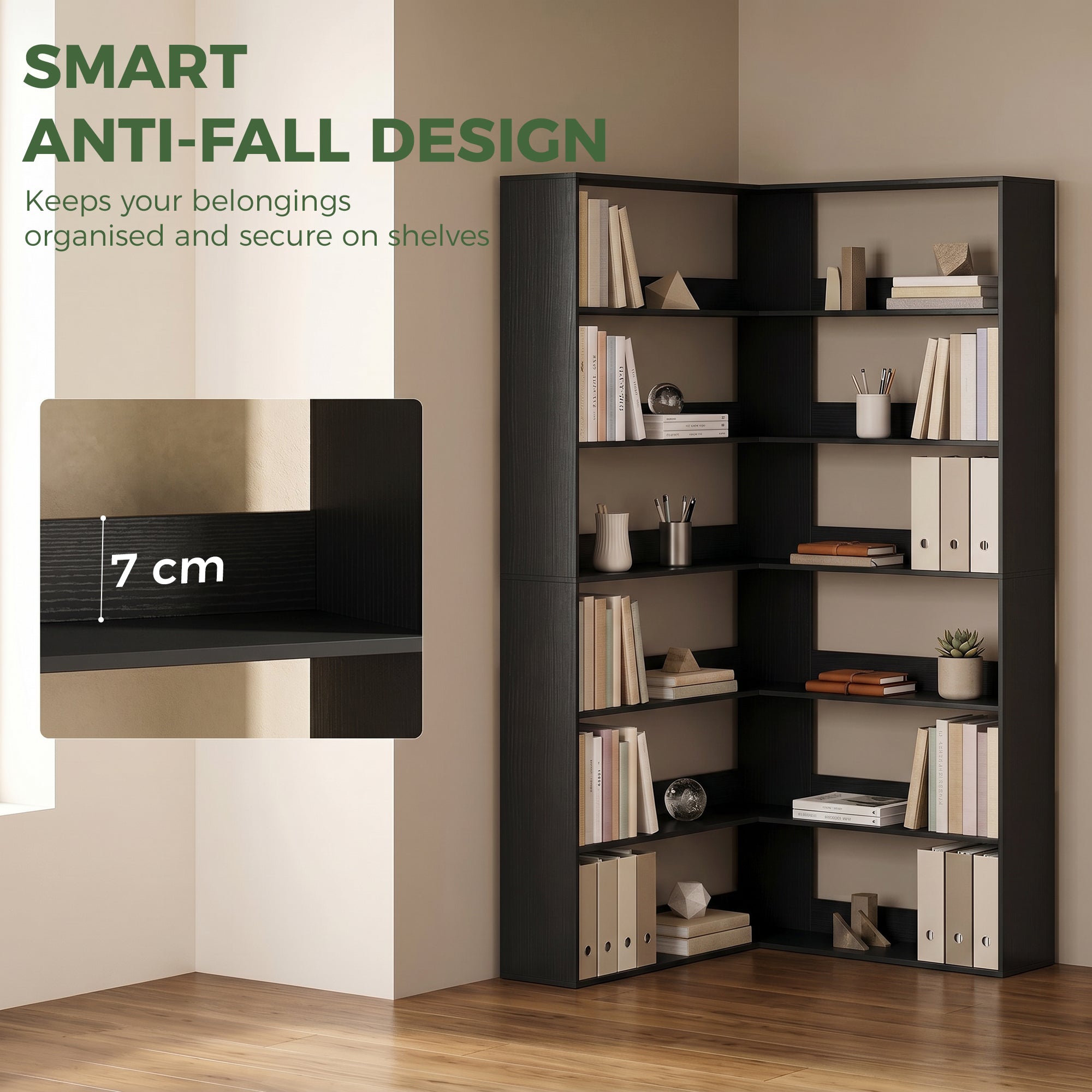 7 Tiers Bookshelf, L-Shaped Corner Bookcase with Anti-Slip Rear Guard, Black Wood Effect
