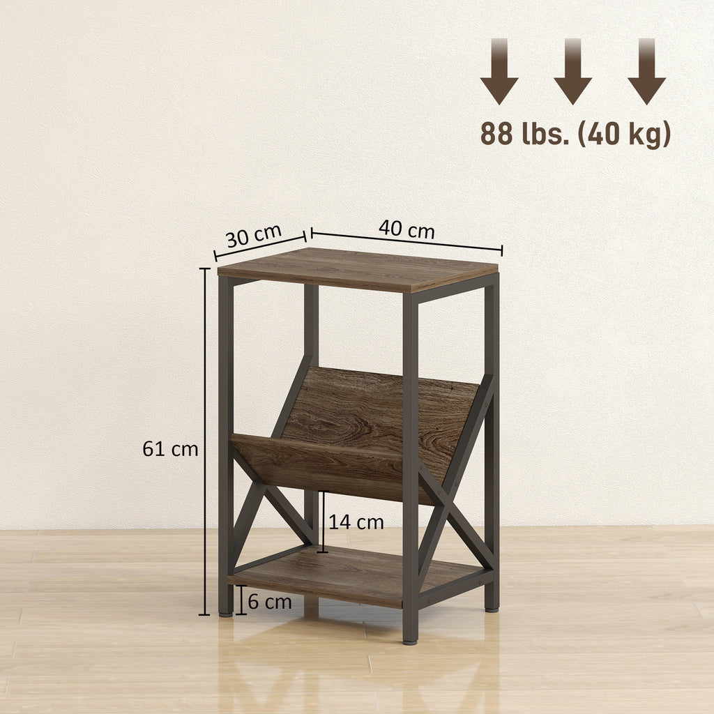 Narrow Side Table, End Table with 3-Tier Storage, V-Shaped Magazine Holder for Living Room, Bedroom, 40 x 30 x 61cm, Oak