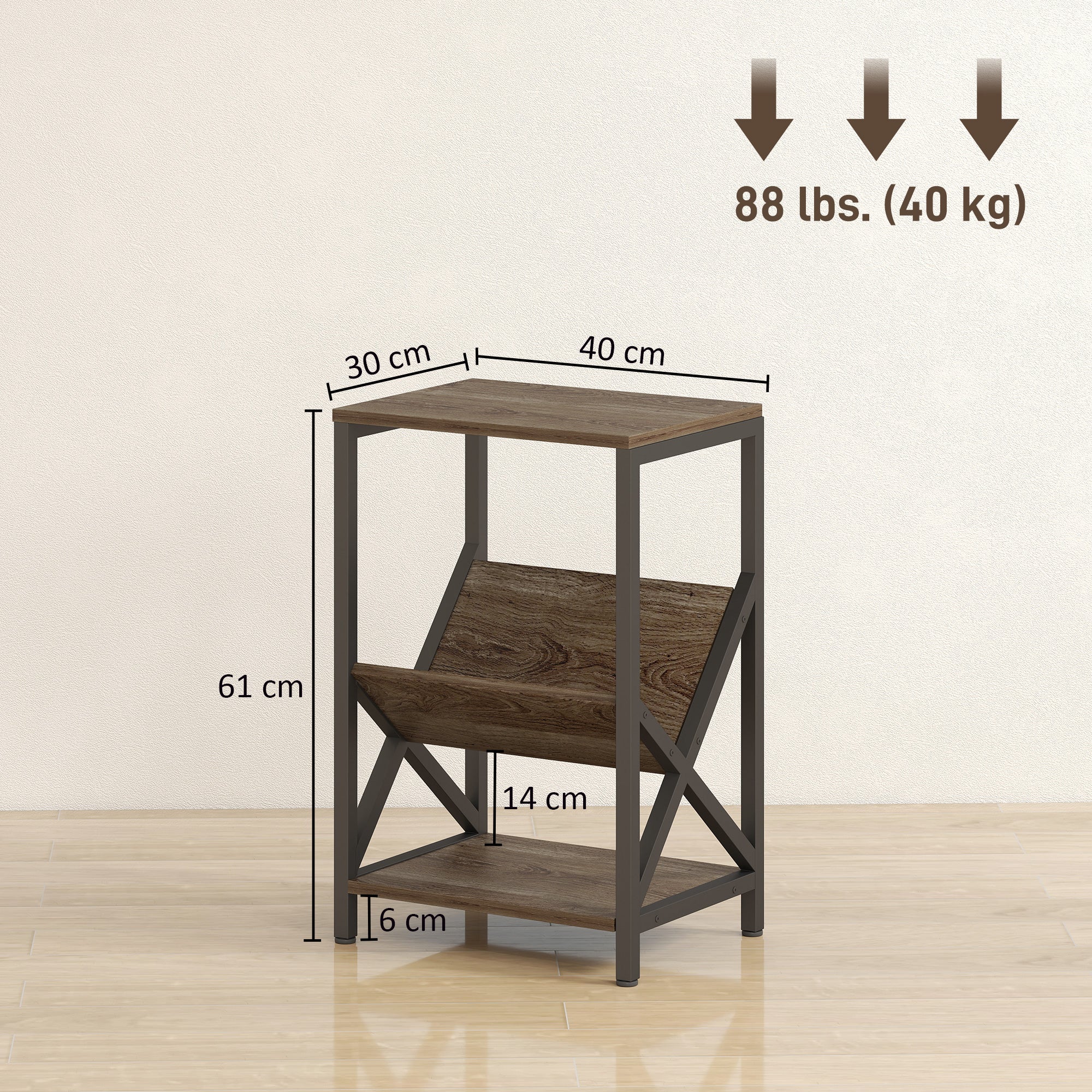 Narrow Side Table, End Table with 3-Tier Storage, V-Shaped Magazine Holder for Living Room, Bedroom, 40 x 30 x 61cm, Oak