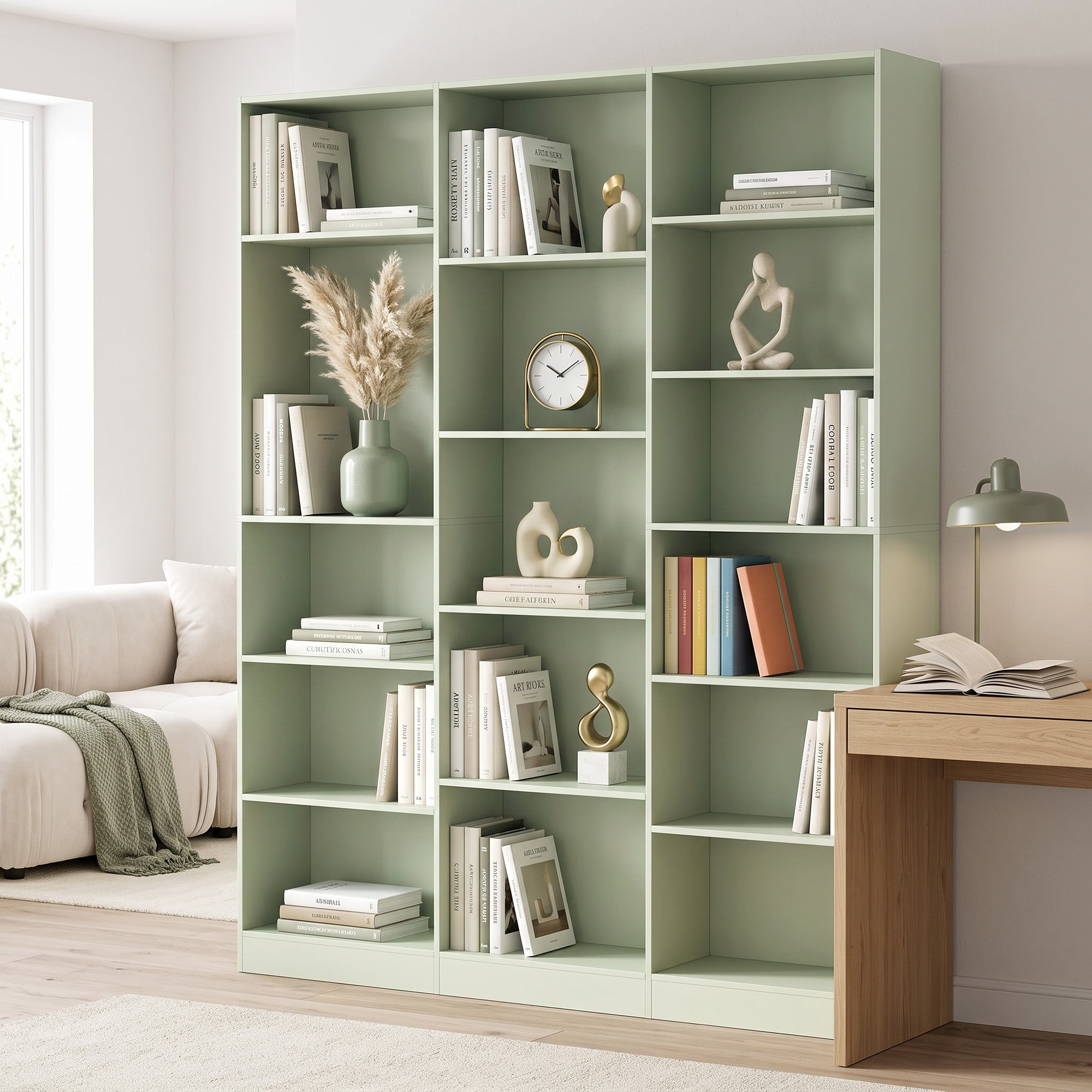 Bookcase with Open Storage, 6-Tier Bookshelf with Anti-Tipping Hardware, Light Green