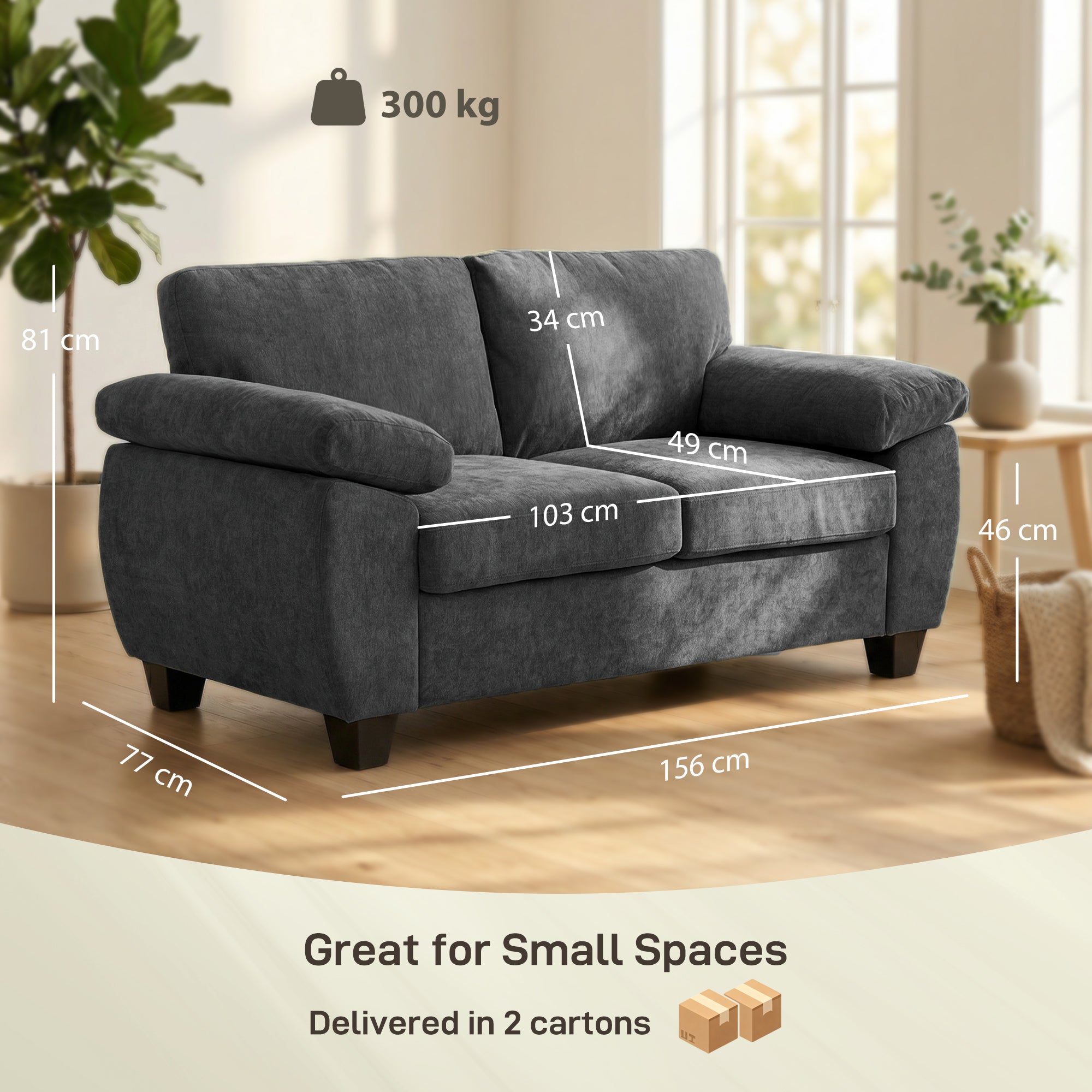 2 Seater Sofa, 156cm Chenille Loveseat Sofa, Dark Grey