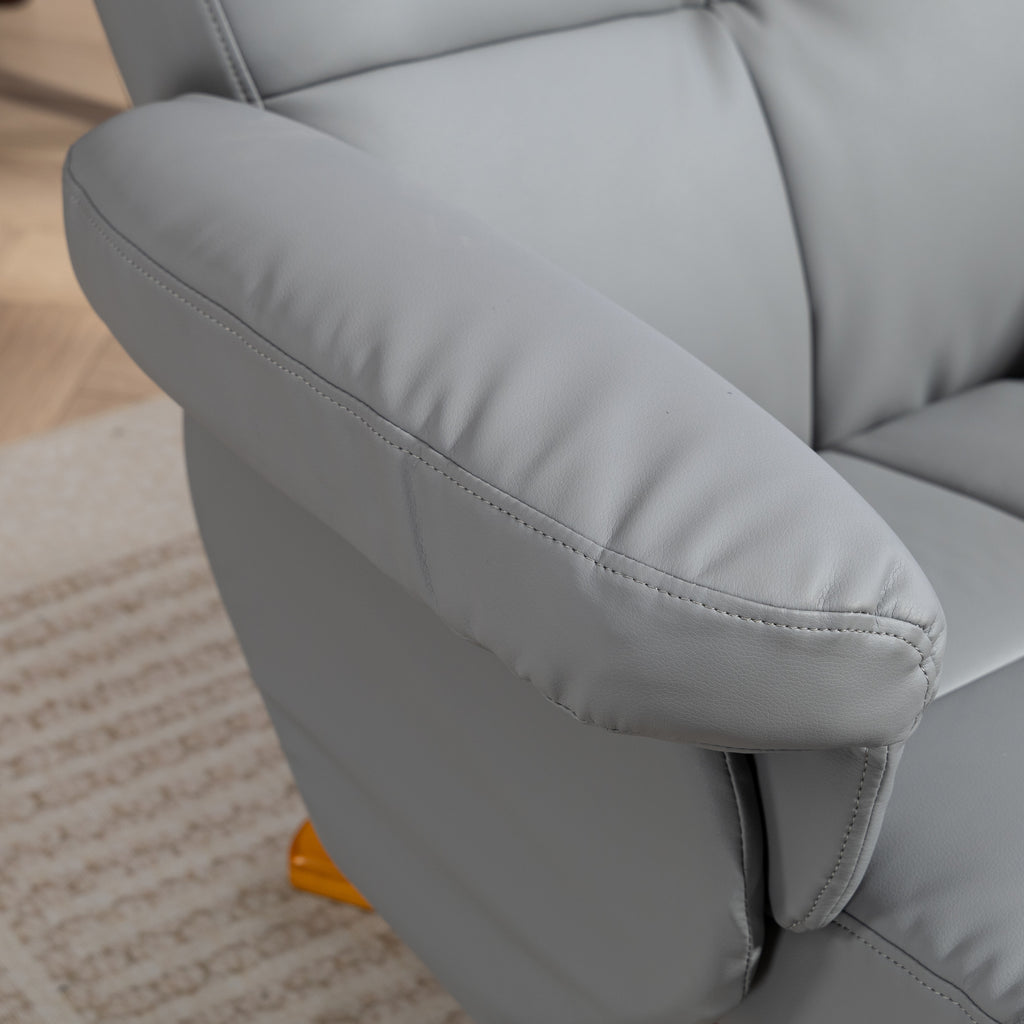 PU Leather Swivel Recliner Chair with Footstool, Wooden Base and Storage for Living Room, Light Grey