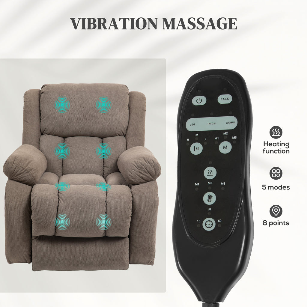 Riser Recliner Armchair with 8 Vibration Massage and Lumbar Heater, Wide Seat, USB Port, Light Brown