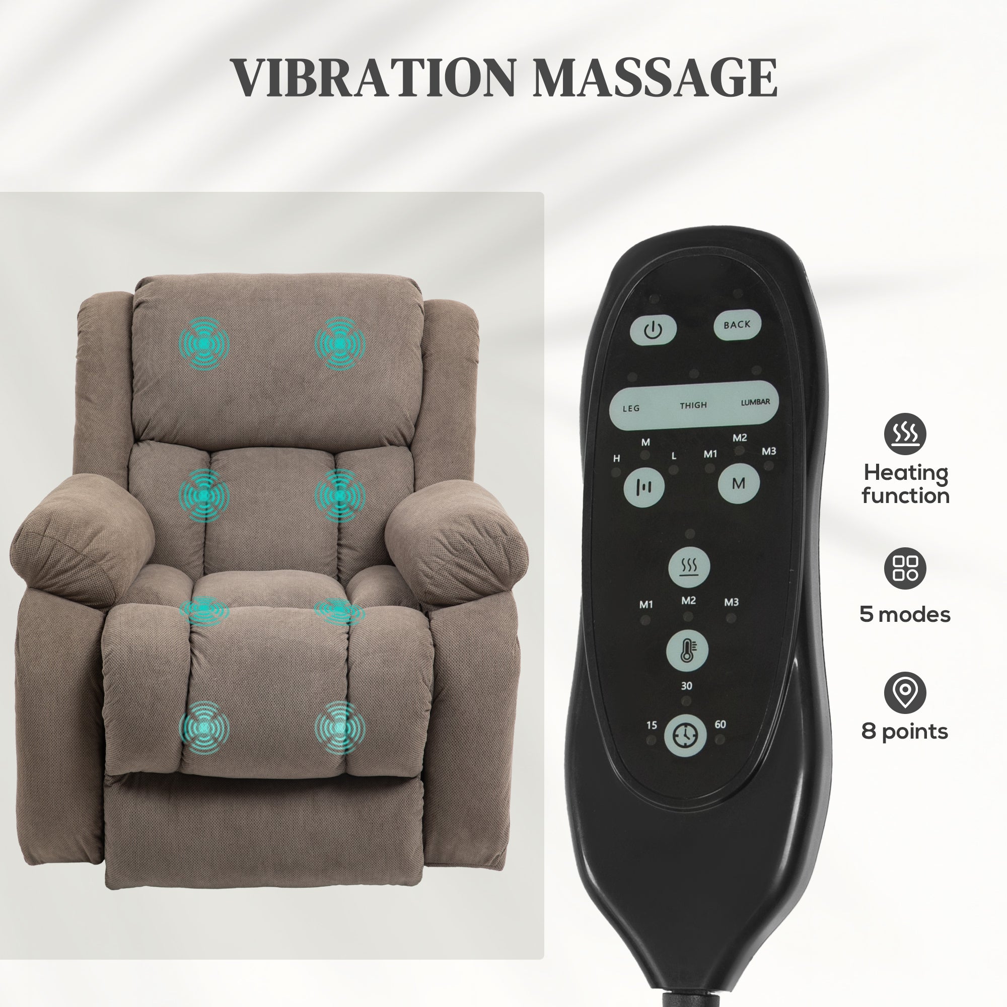 Riser Recliner Armchair with 8 Vibration Massage and Lumbar Heater, Wide Seat, USB Port, Light Brown