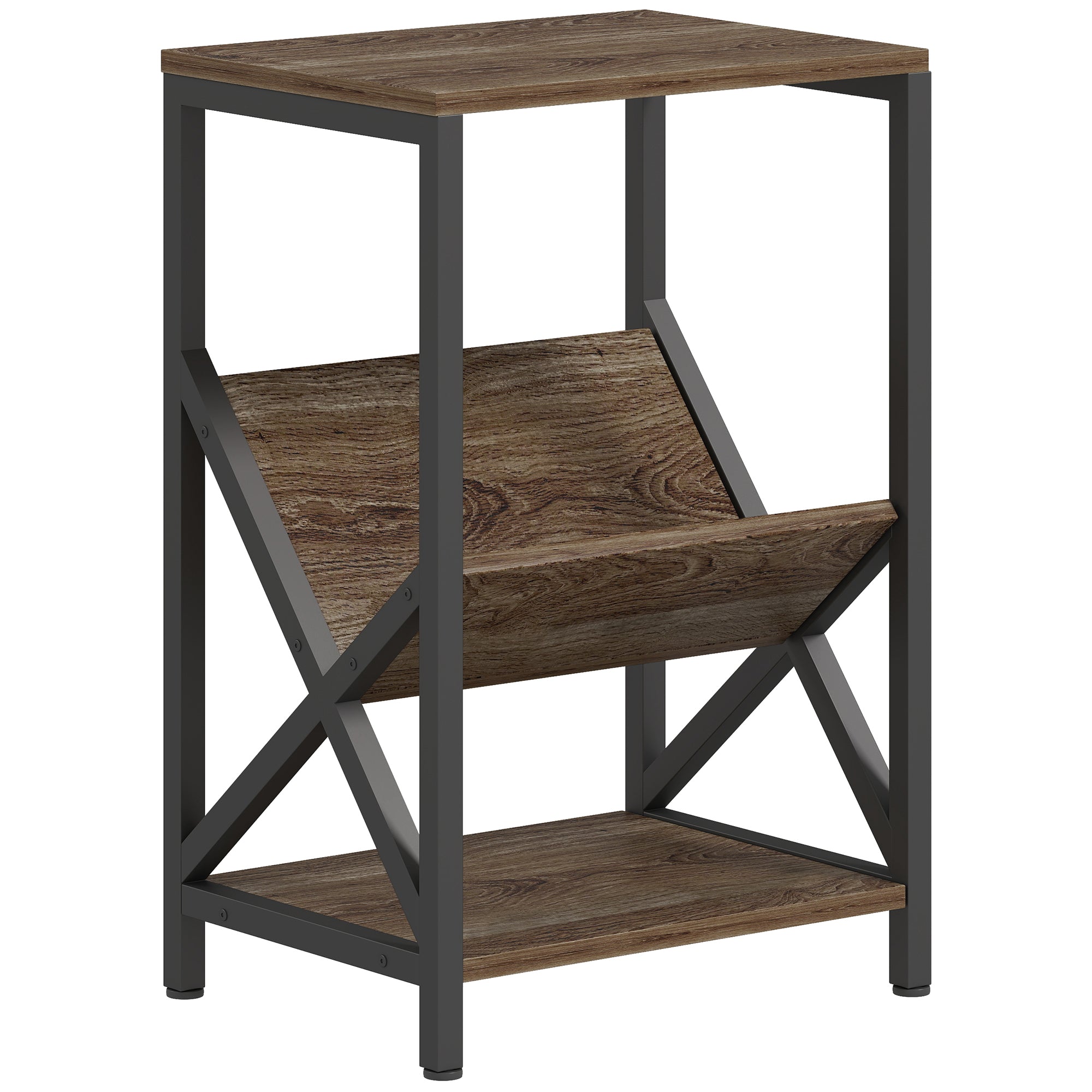 Narrow Side Table, End Table with 3-Tier Storage, V-Shaped Magazine Holder for Living Room, Bedroom, 40 x 30 x 61cm, Oak