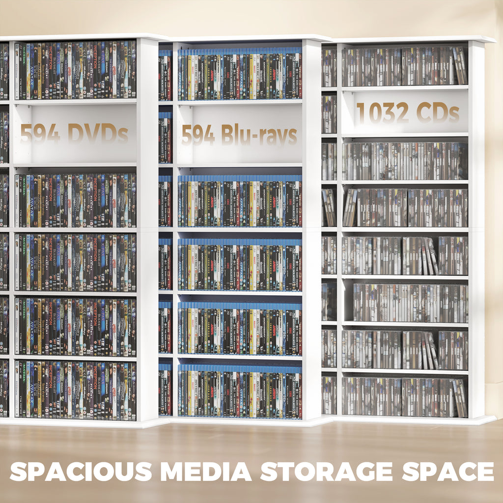 1032 CD/594 DVD Storage Unit, Blu-ray Media Storage Shelf with 24 Compartments and 18 Adjustable Shelves, White