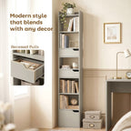 Bookcase Tall Narrow with 5 Tiers and Drawers Freestanding Bookshelf Storage Cabinet for Living Room Grey