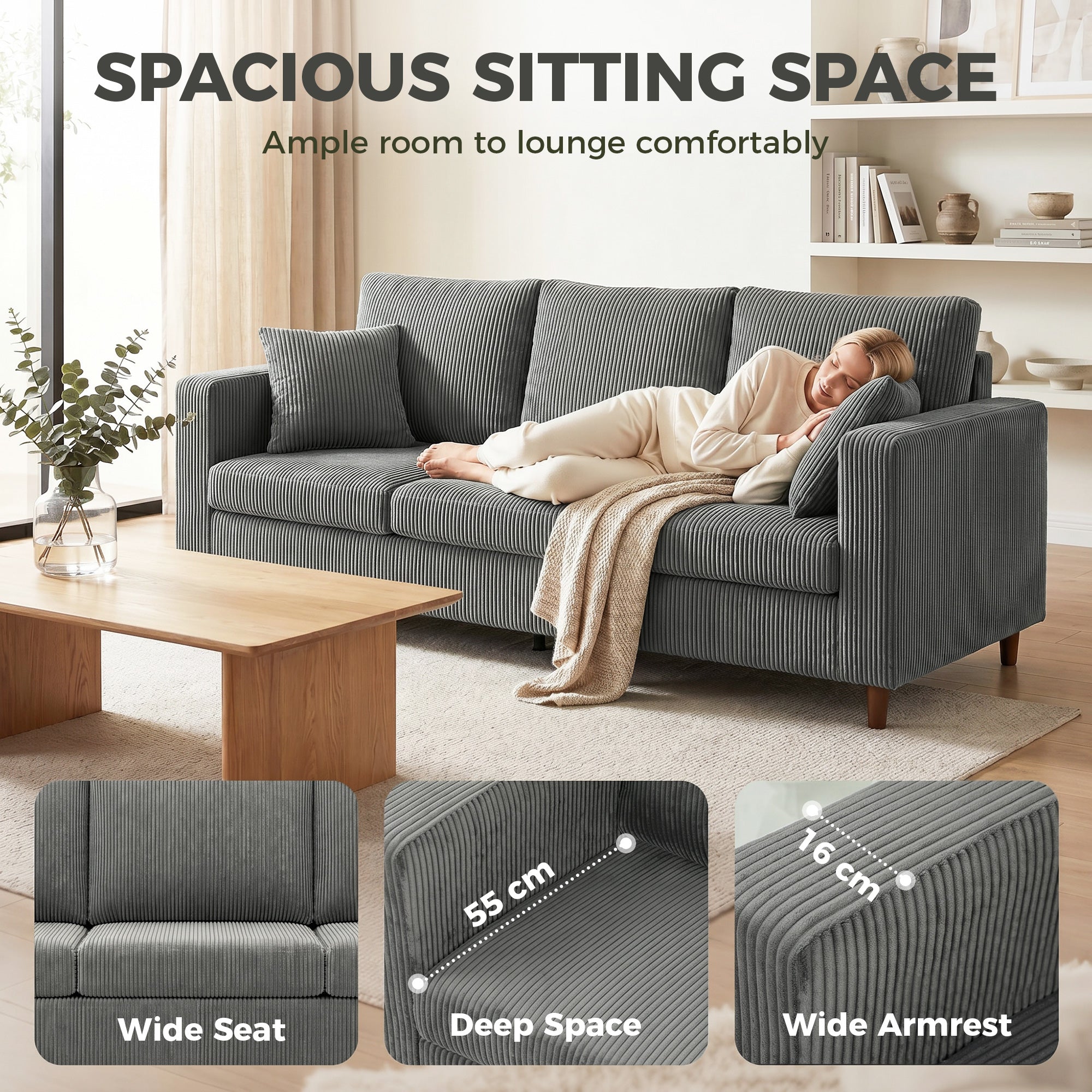 3 Seater Sofa with Wide Seat, Corduroy Fabric Couch with Deep Seat, Spring Cushion, Light Grey