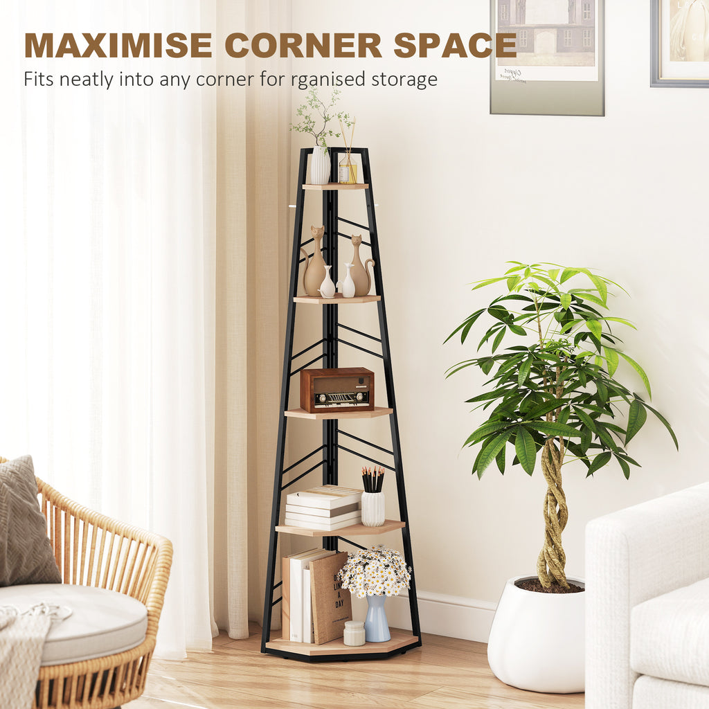 Corner Bookcase, 5-Tier Floor Standing Bookshelf, Shelving Unit for Living Room, Study, Bedroom, Natural Wood Finish