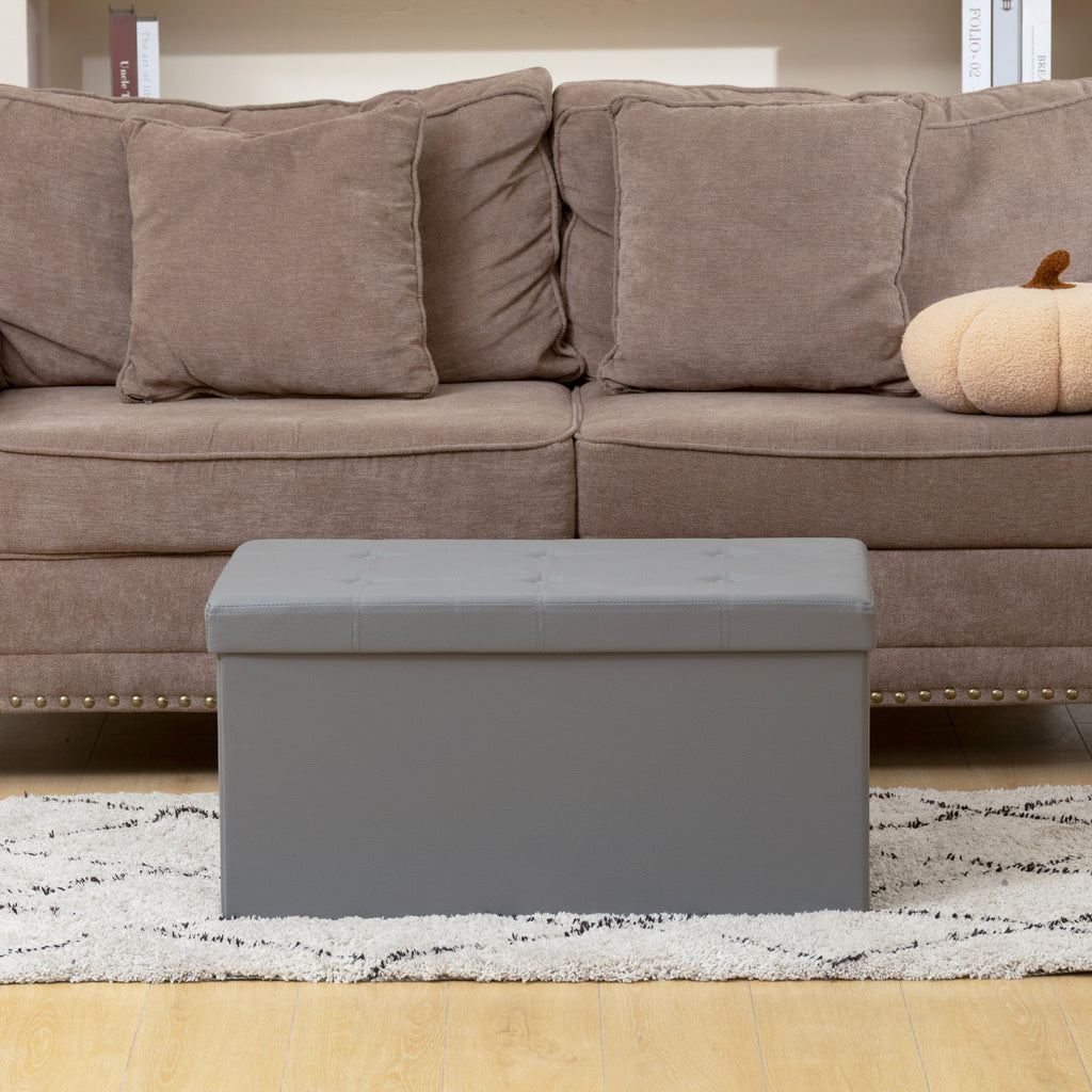 Storage Ottoman Bench, 89L PU Leather Folding Foot Rest Stool, End of Bed Bench, Easy Assembly, for Living Room, Bedroom, Entryway, Grey