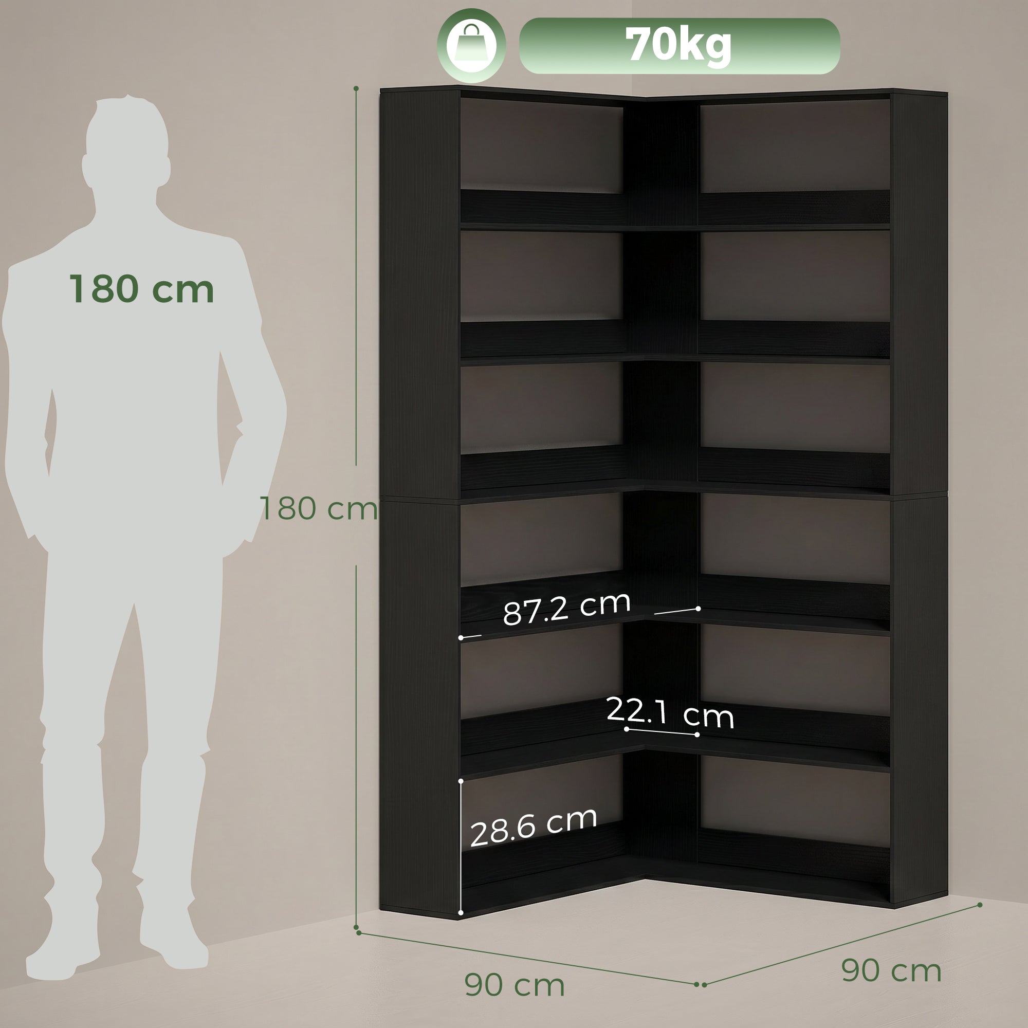 7 Tiers Bookshelf, L-Shaped Corner Bookcase with Anti-Slip Rear Guard, Black Wood Effect