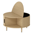 Coffee Table with Lift Top and Hidden Storage, Round Centre Table with Fluted Sliding Door, 80 cm, Natural Wood