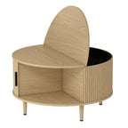 Coffee Table with Lift Top and Hidden Storage, Round Centre Table with Fluted Sliding Door, 80 cm, Natural Wood