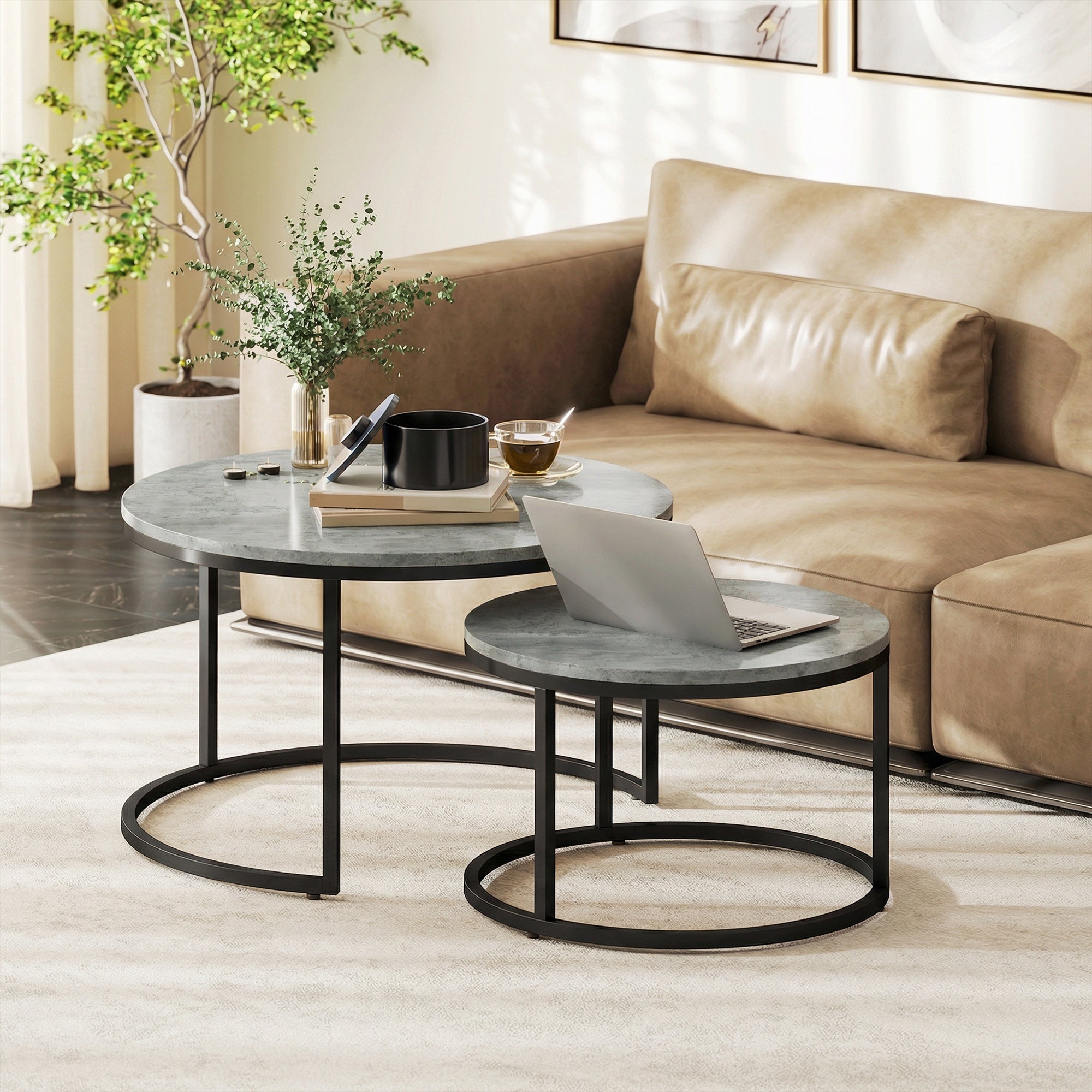 Set of Two Cement-Effect Stacking Tables - Grey
