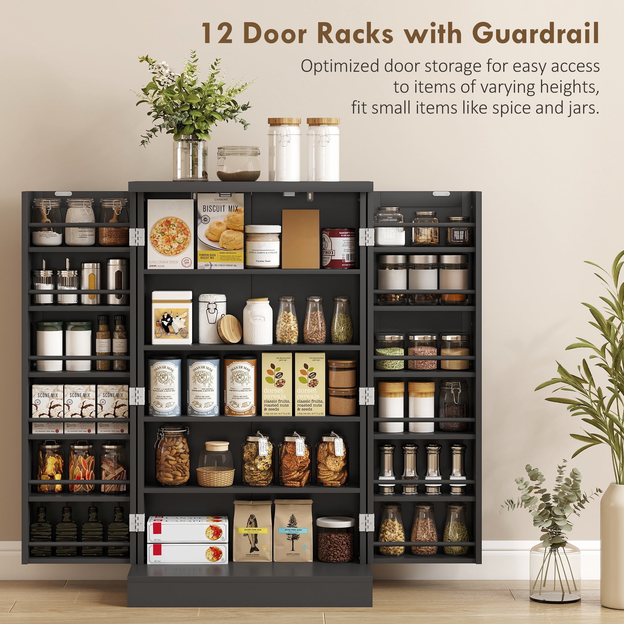 HOMCOM Freestanding Kitchen Pantry Cupboard with Adjustable Shelves & Door Racks - Black
