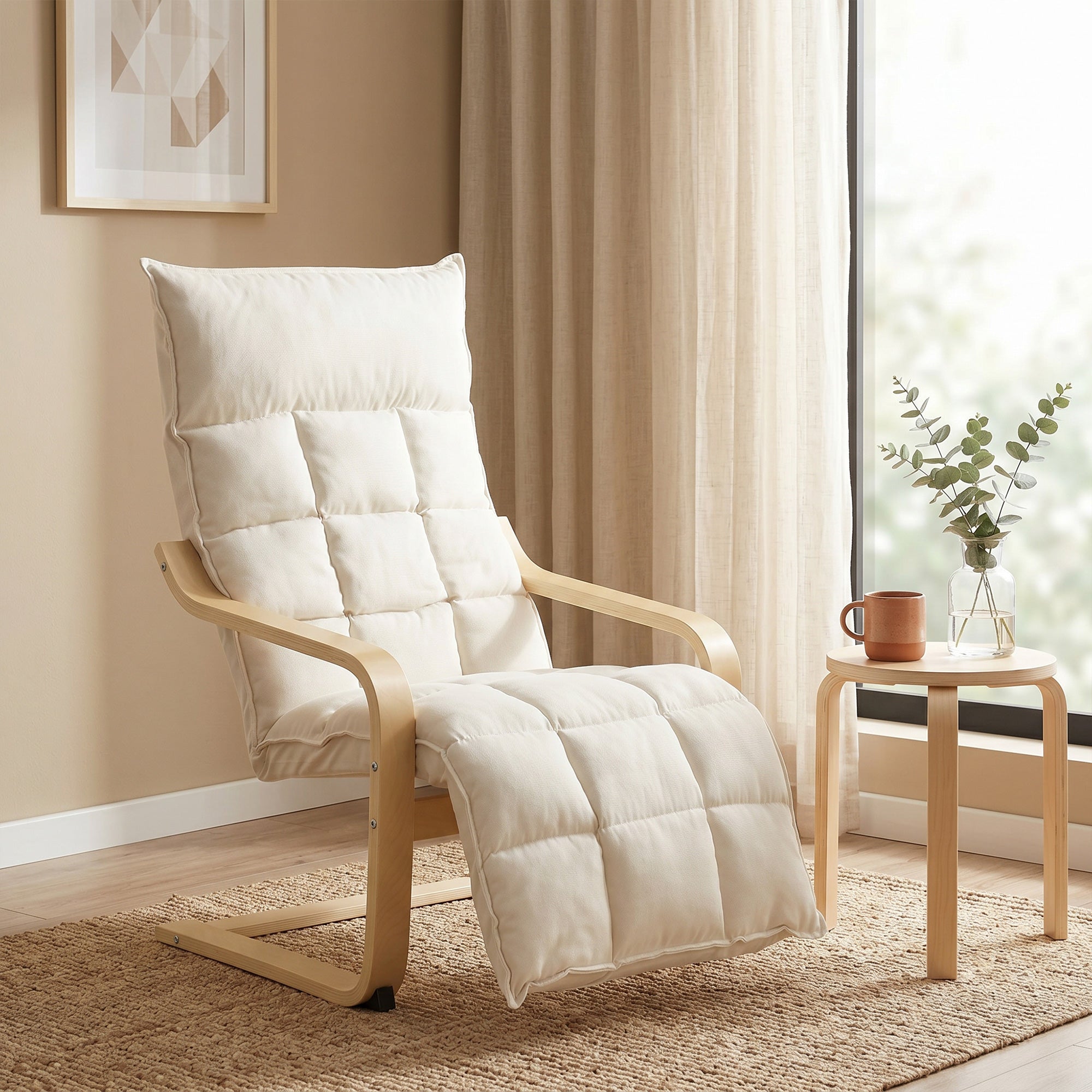 Modern Accent Chair, Leisure Lounge Chair Armchair with Footrest, Plush Cushion, Curved Legs and Arms, Cream White