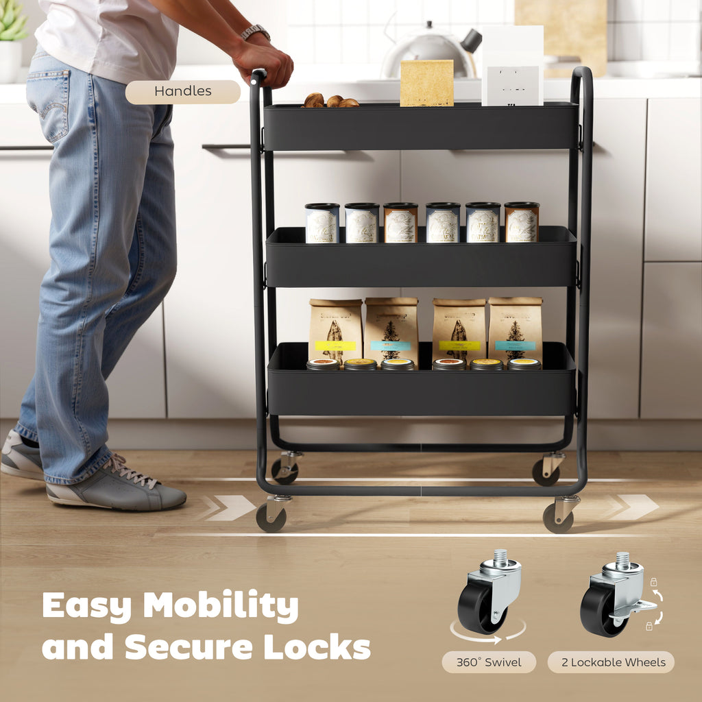 HOMCOM 3-Tier Storage Trolley on Wheels with Mesh Baskets - Black