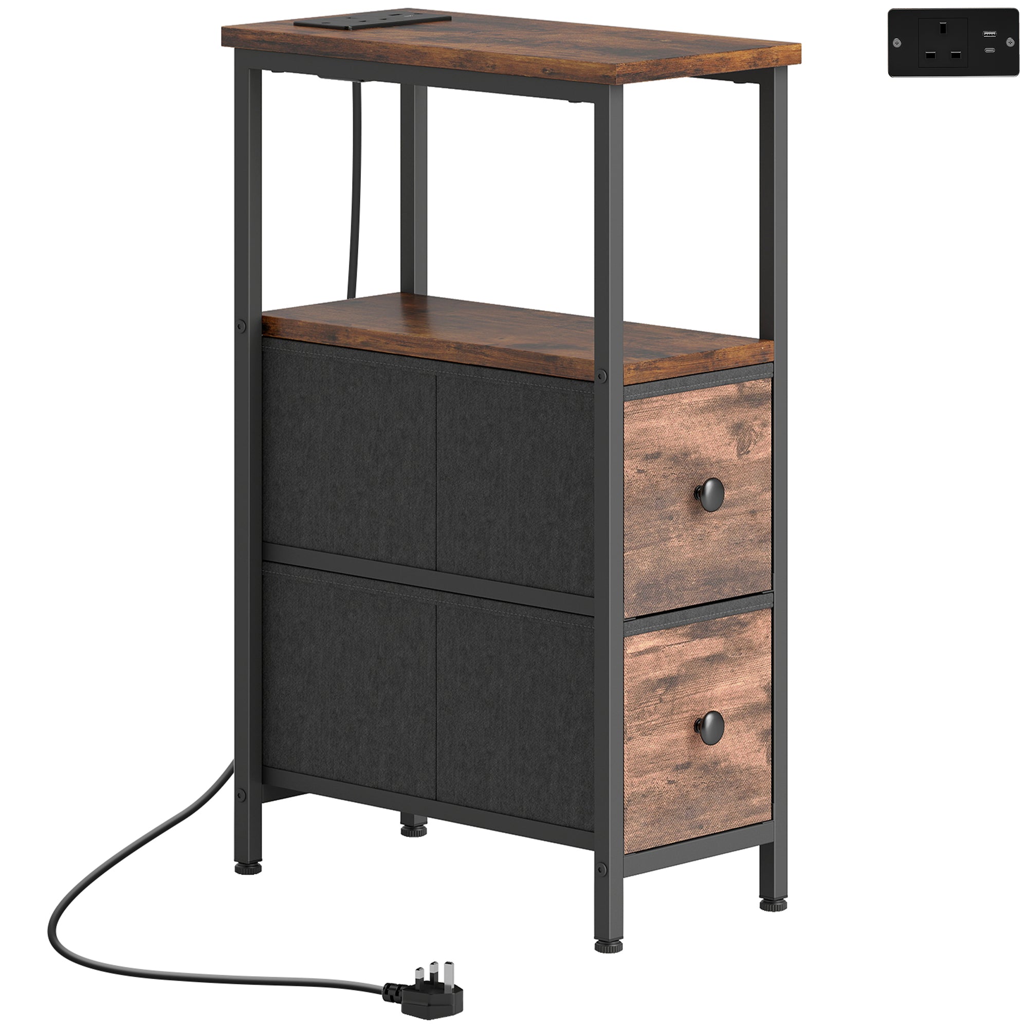 Side Table, Narrow Bedside Table with Charging Station, 2 Drawers, AC Outlet and 2 USB Ports for Living Room, Bedroom
