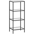 4-Tier Shelving Unit, Glass Shelf, Vertical Storage Shelf for Living Room, Home Office, Bedroom, Bathroom, Black