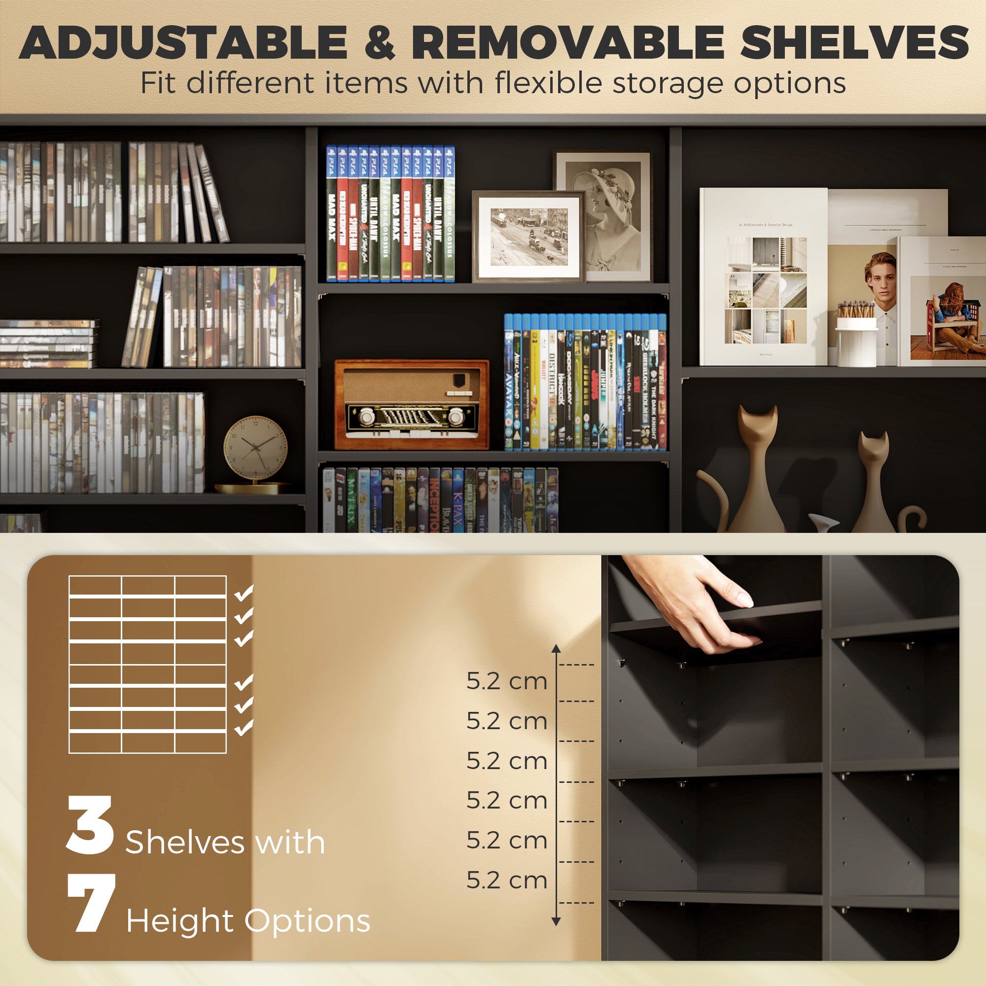 1032 CD/594 DVD Storage Unit, Blu-ray Media Storage Shelf with 24 Compartments and 18 Adjustable Shelves, Black