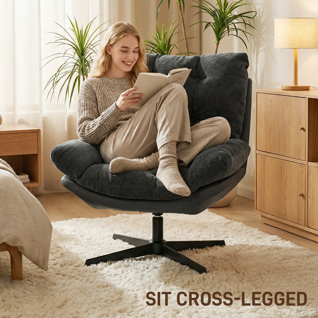Accent Chair with Footstool, Swivel Lounge Chair with Chenille Upholstery, Metal Base, Dark Grey