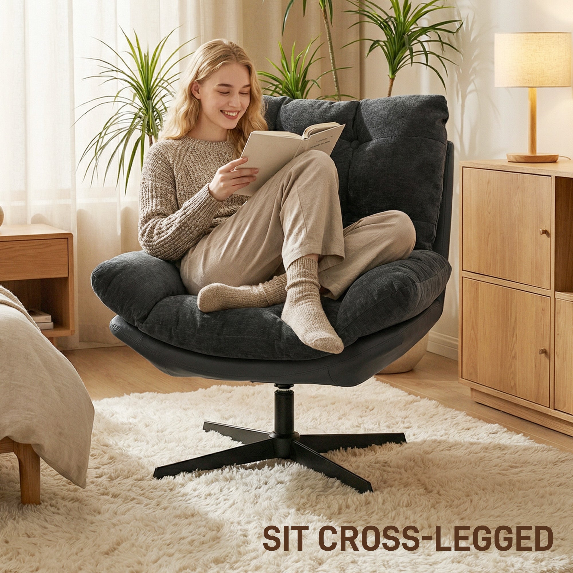 Accent Chair with Footstool, Swivel Lounge Chair with Chenille Upholstery, Metal Base, Dark Grey