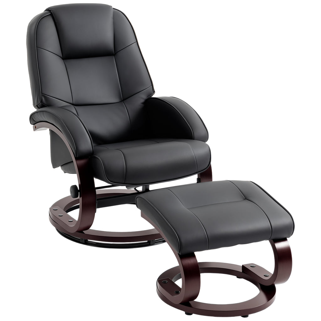 Swivel Recliner Chair with Footstool, PU Leather Recliner Armchair with Adjustable Back and Wood Frame, Black