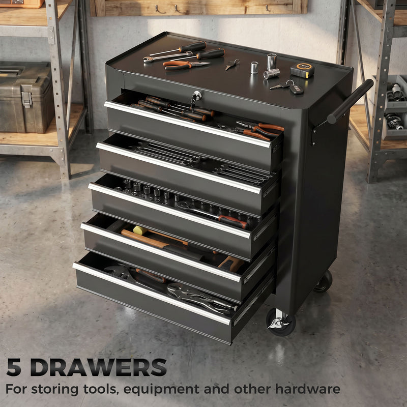 5-Drawer Lockable Rolling Tool Chest with Handle & 2 Keys – Black – image 4 of 9