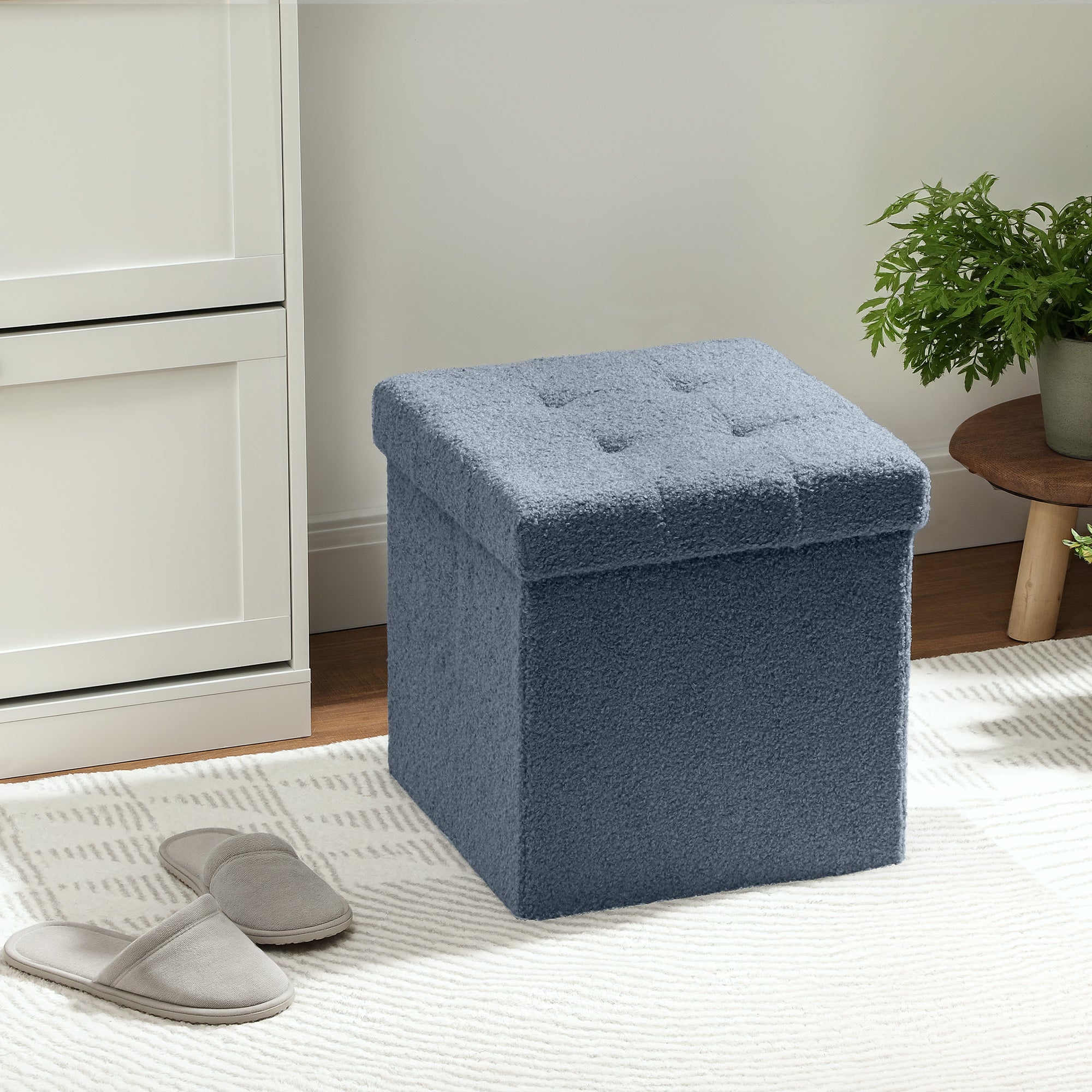 Foldable Sherpa Fleece Storage Ottoman - Blue