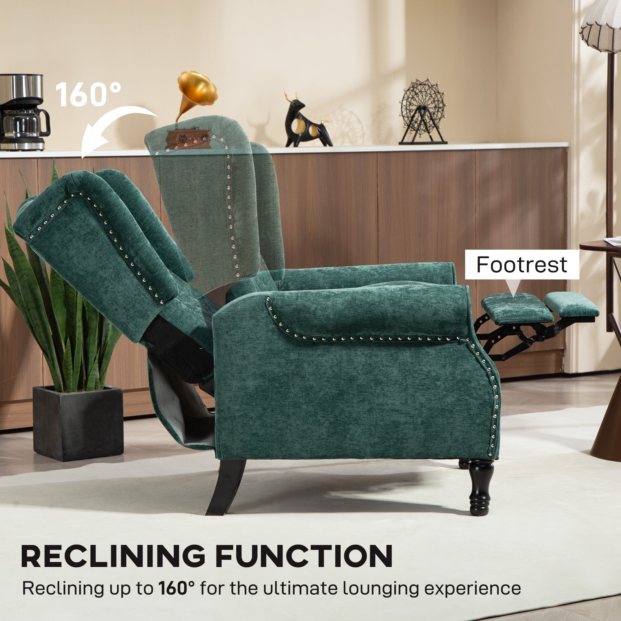 150Â° Reclining Vintage Armchair, with footrest - Dark Green