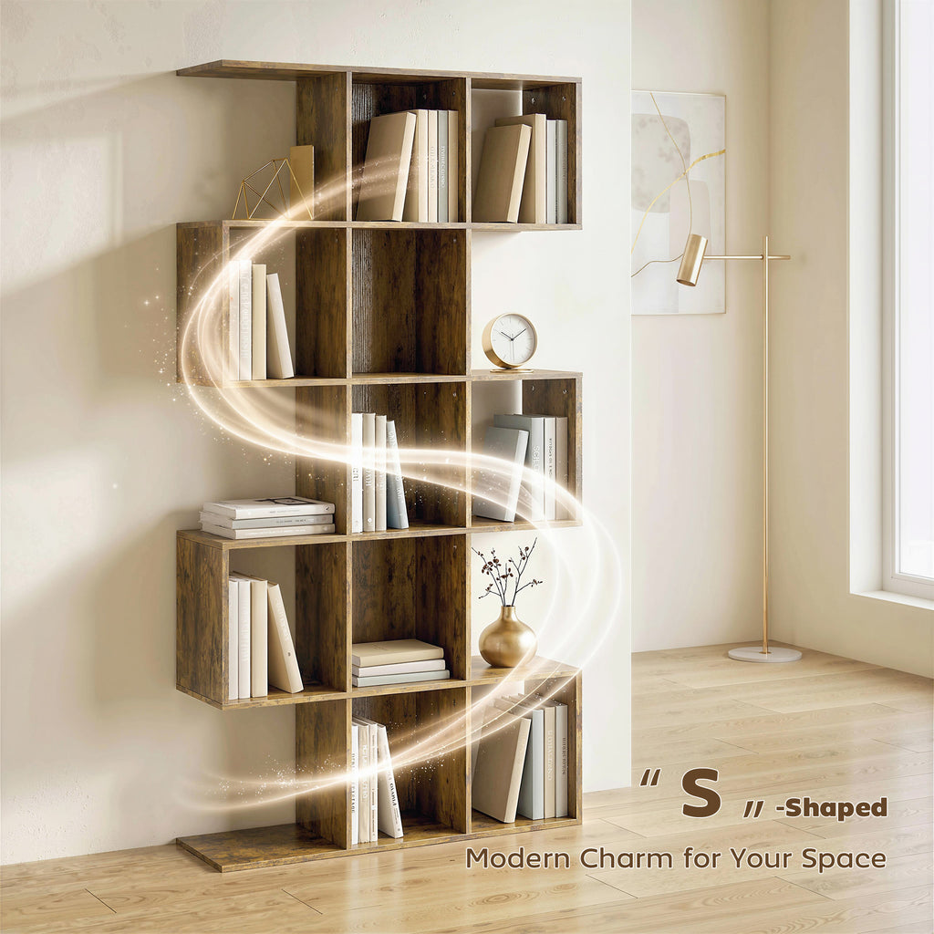 5-Tier Bookshelf, S Shaped Geometric Bookcase with 15 Compartments, Rustic Brown