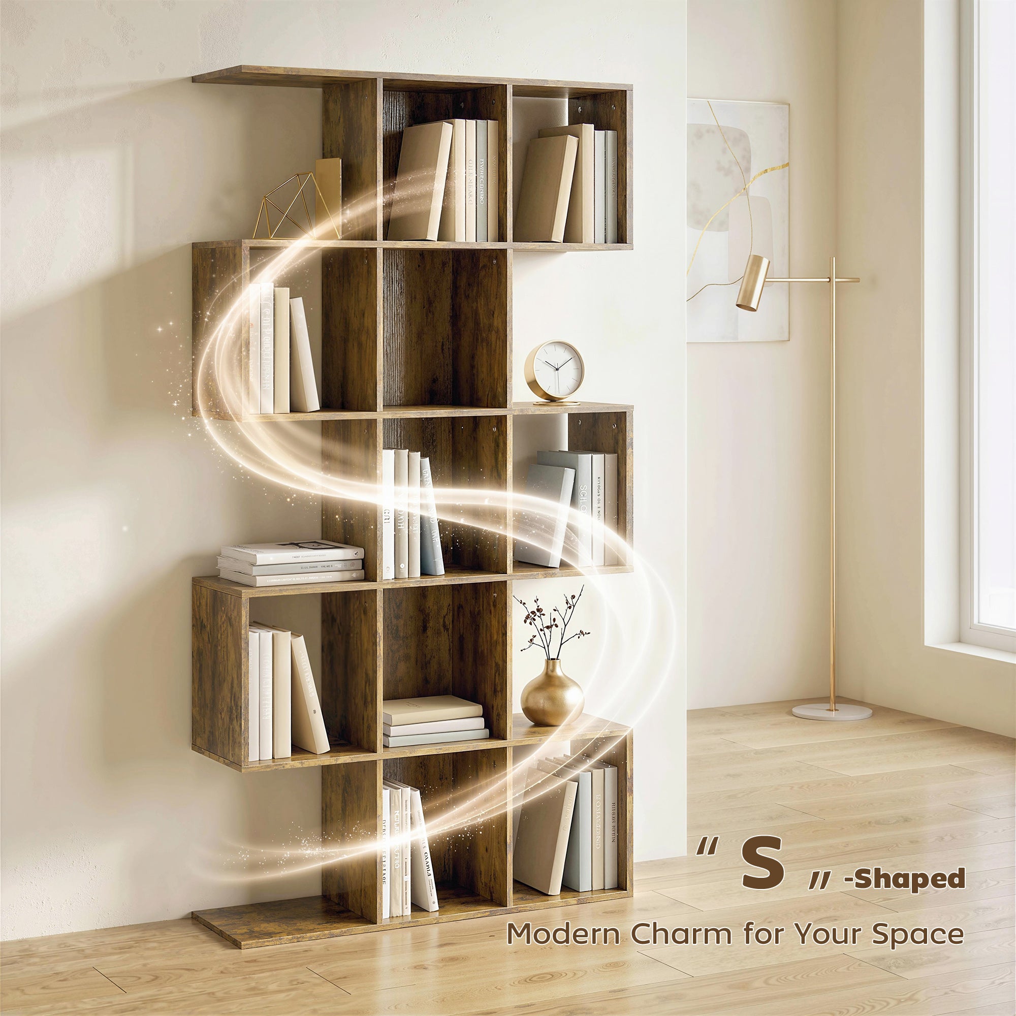 5-Tier Bookshelf, S Shaped Geometric Bookcase with 15 Compartments, Rustic Brown