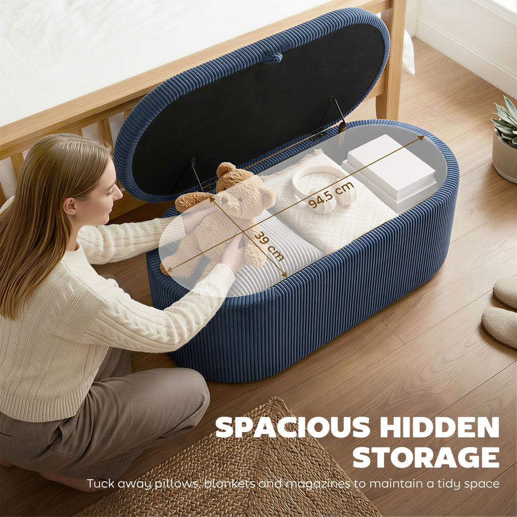Storage Ottoman, Corduroy Upholstered Ottoman Storage Box with Padded Seat, 105 x 51 x 49 cm, Blue