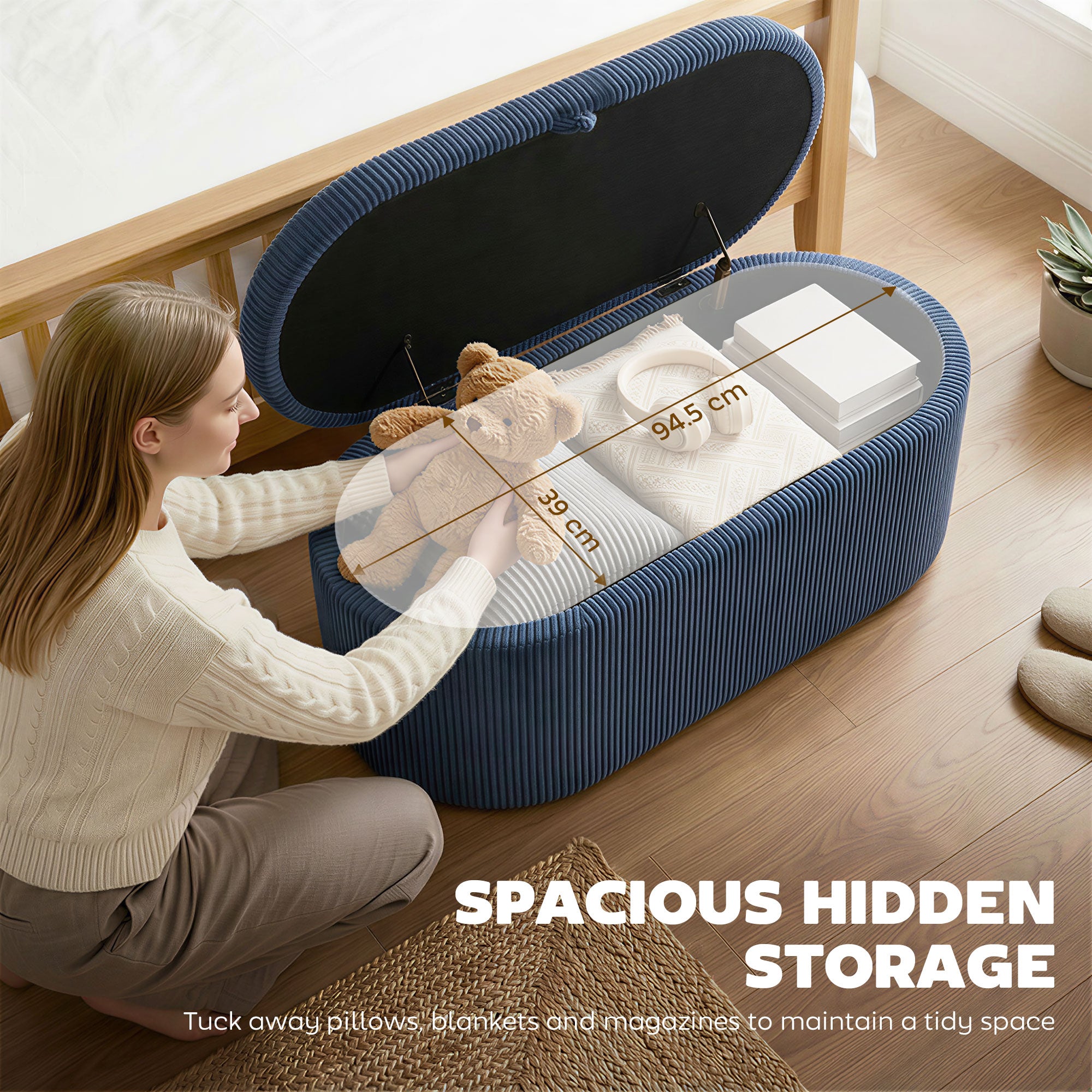 Storage Ottoman, Corduroy Upholstered Ottoman Storage Box with Padded Seat, 105 x 51 x 49 cm, Blue