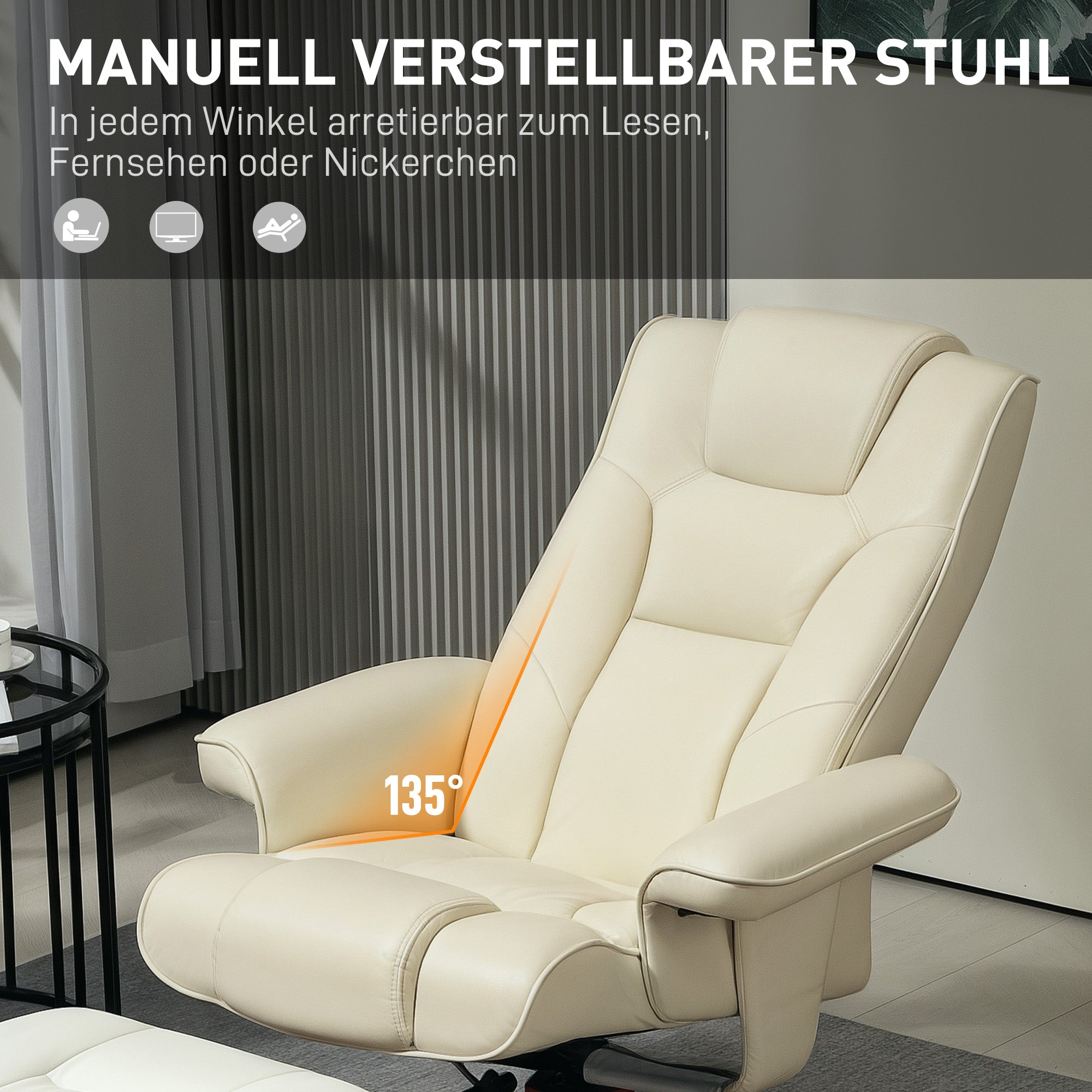 Faux Leather Manual Recliner and Footstool Set - Cream White